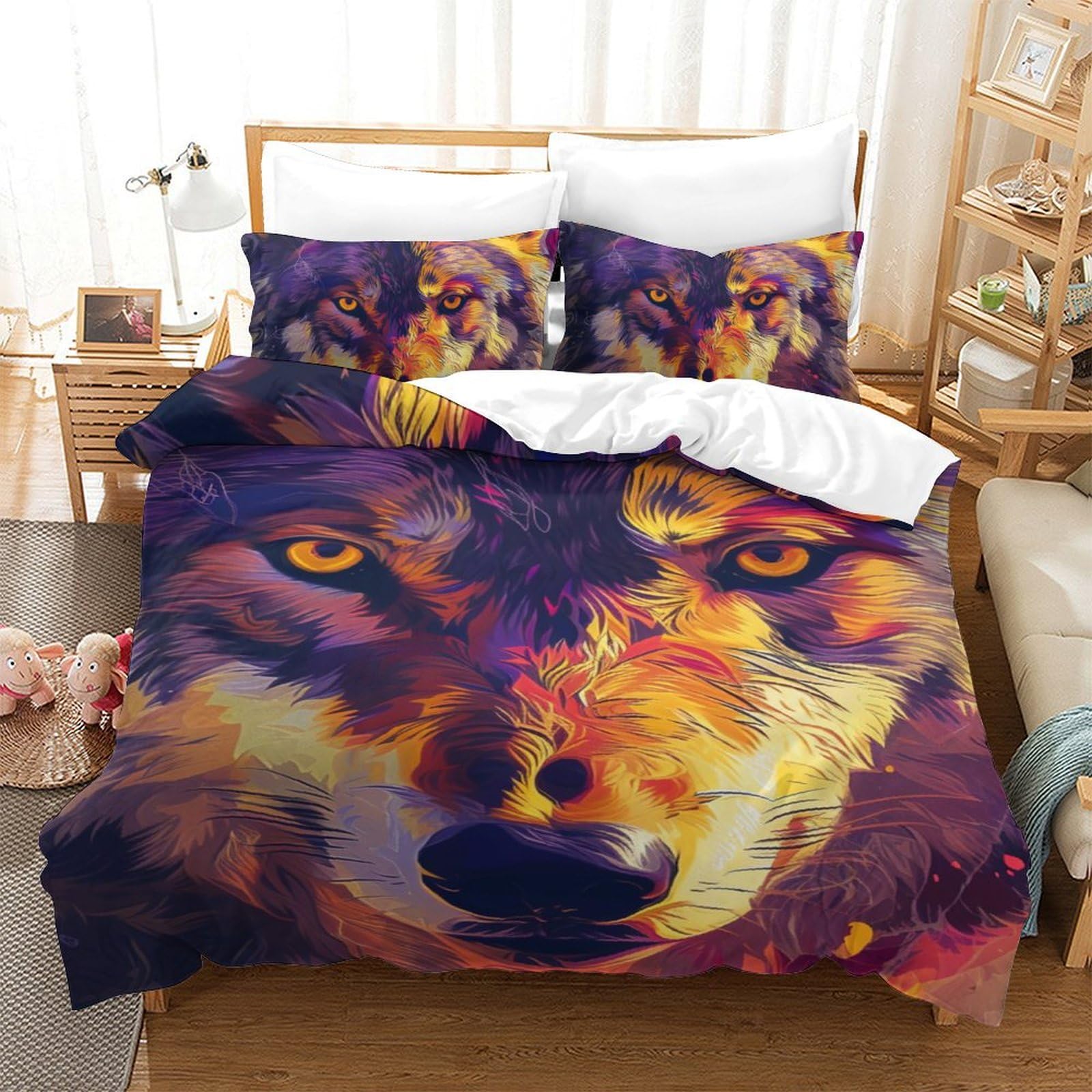 Housse de couette loup respirante en microfibre douce parure 3 pièces 140x200