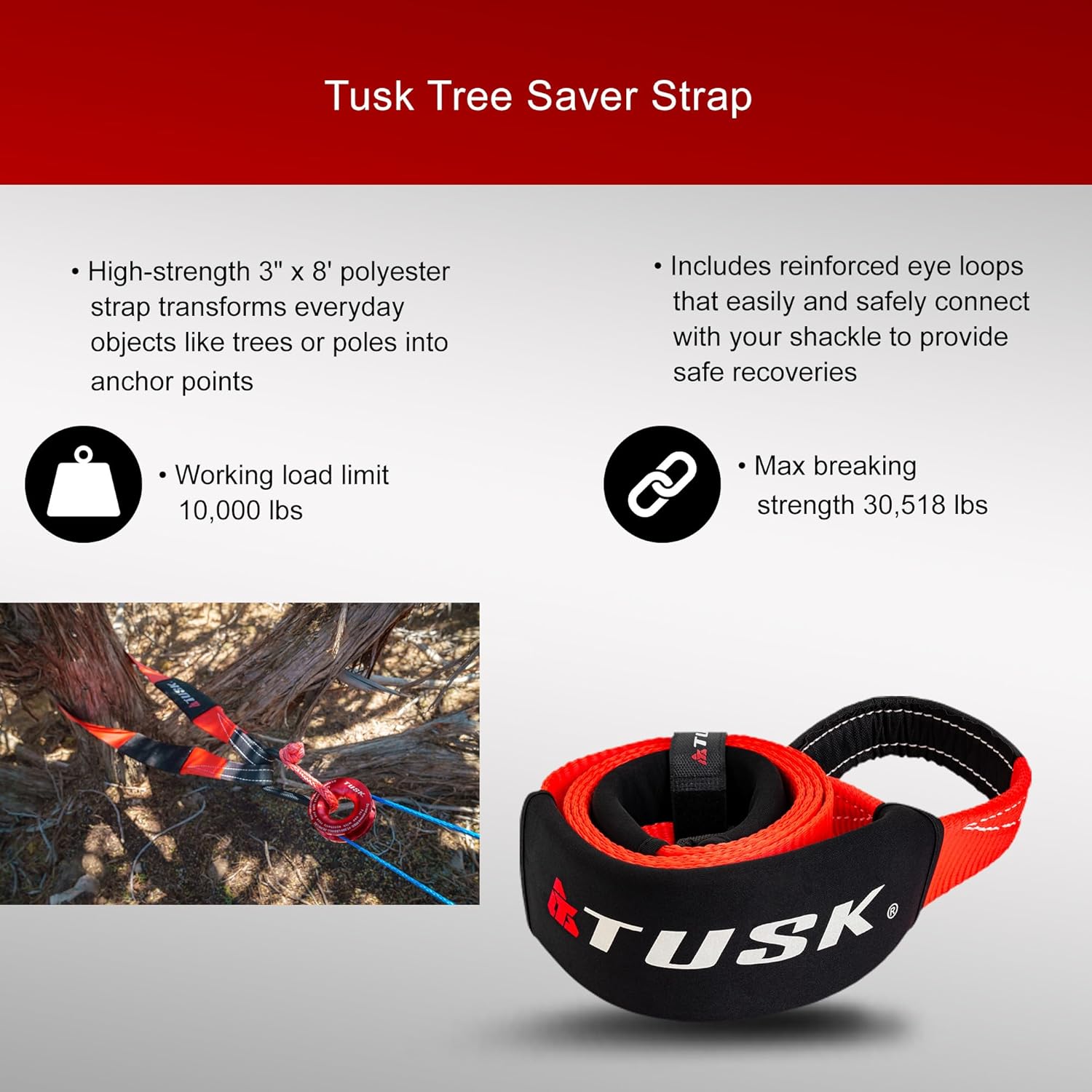 Tusk Heavy Duty UTV/ATV Kinetic Recovery Kit with Kinetic Rope (5/8” x 20’) Tree Strap (3" x 8") Forged Steel Snatch Block and Two Soft Shackles (Stage 3, Steel)