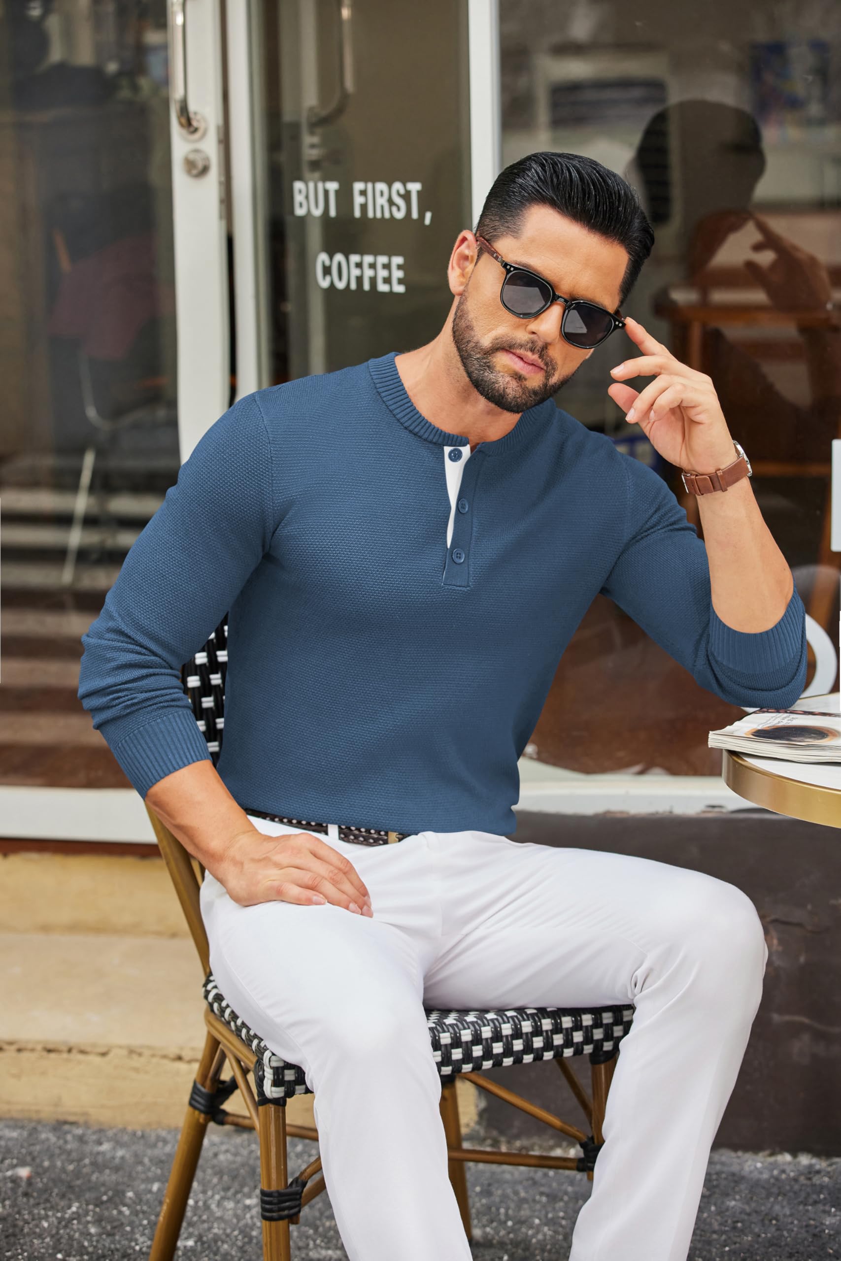 COOFANDY Maglioni da Uomo a Maniche Lunghe Maglione Henley Casual Henley T-Shirt Leggero con Collo Rotondo Knitted Sweaters