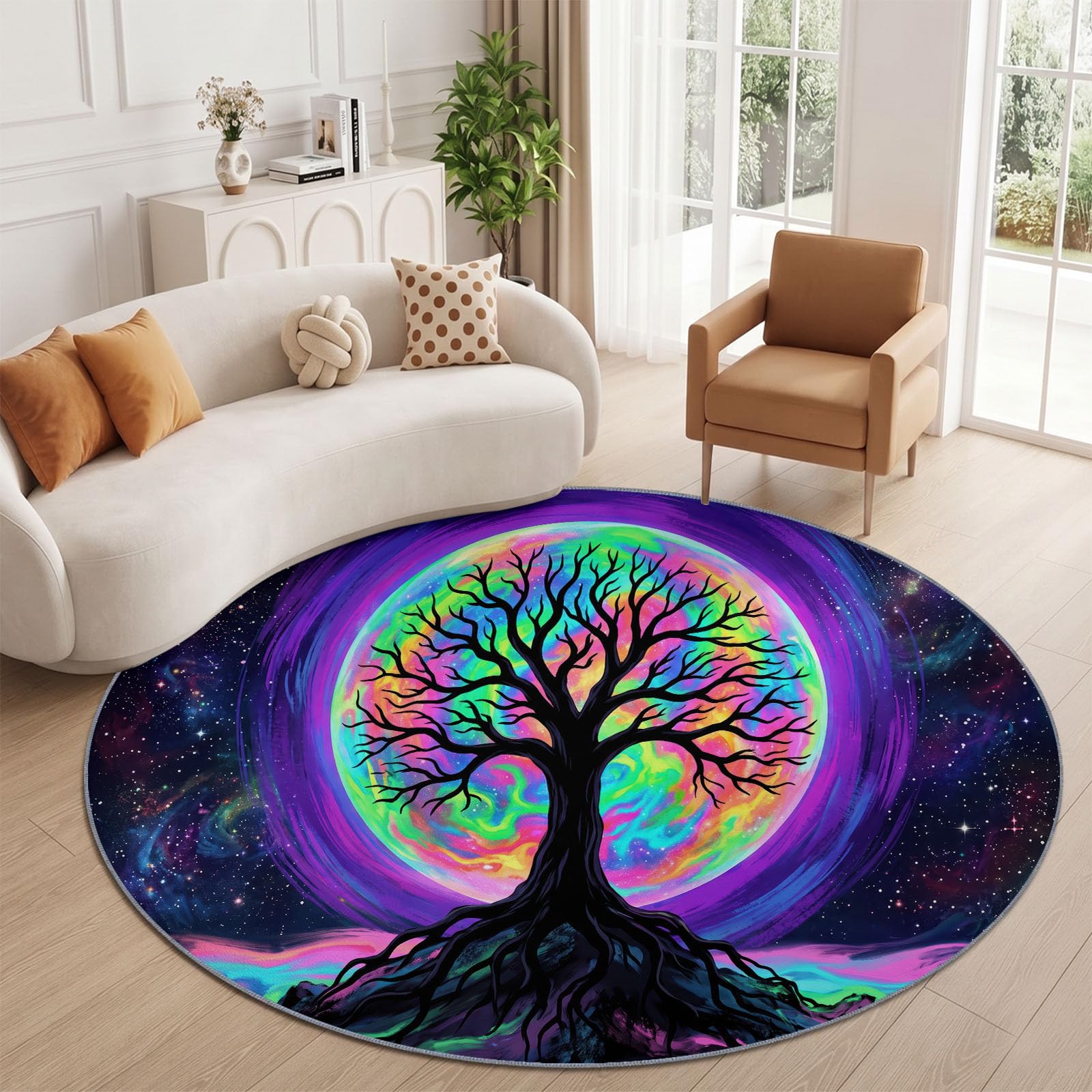 Générique 150 cm Tapis Rond De Style Fantaisie Tapis Arbre De Vie Lune Galaxie Ultra Fin, Doux, Antidérapant, Lavable - Convient pour Chambre à Coucher Entrée Salle à Manger Dortoir Familial