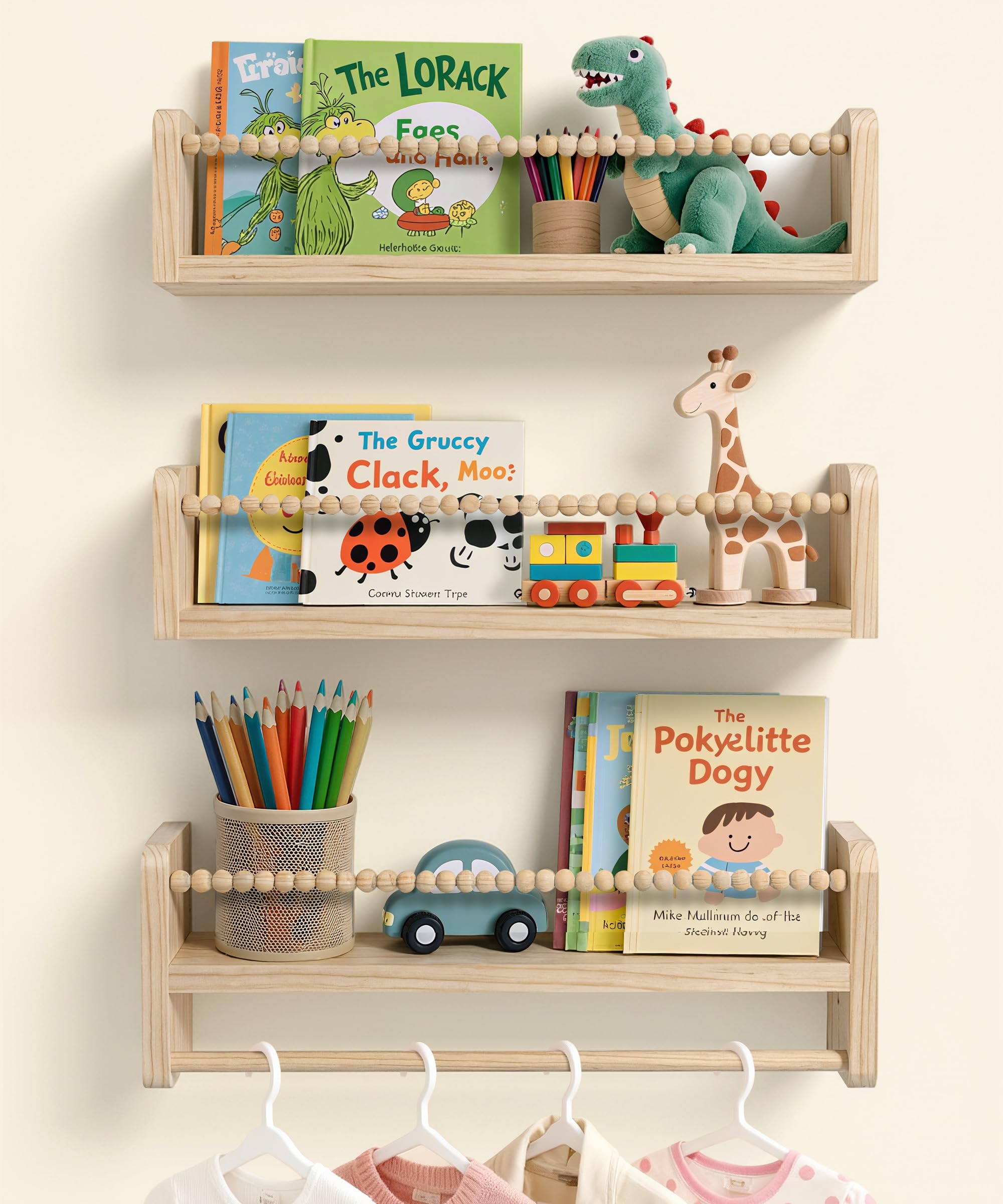 Étagères Murales Décoratives à Perles pour Livres, Lot de 3, 40 cm | Bois, barre à perles, rangement mural pour livres, jouets et déco, chambre d’enfant et chambre de bébé, pour usage quotidien