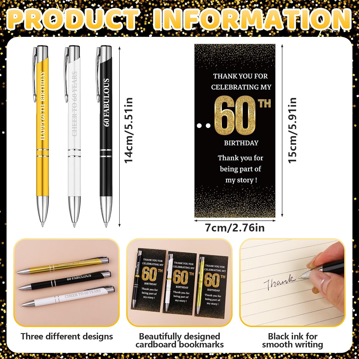 24 Set Birthday Party Favor for Guest 60th Birthday Ballpoint Pens with Thank You Cards Golden Ties Anniversary Appreciation Gifts Thanks for Coming to My 60 Years Party Supplies (60th)