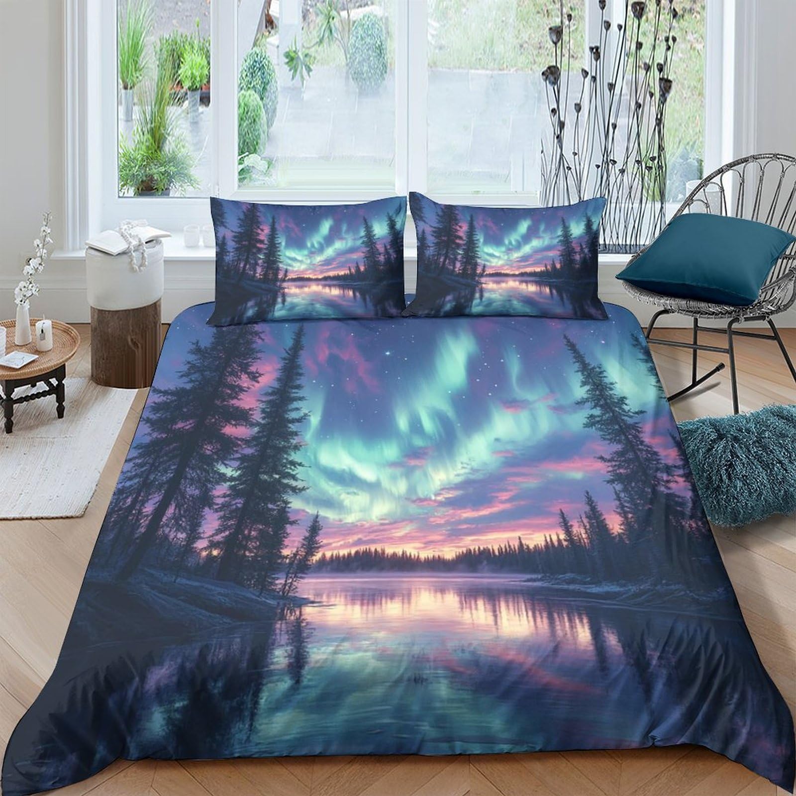 Ctjqhvkz Style-6 3D Printed Aurora Forest Fitted Sheet Microfiber Soft Bedroom Decor Sunset Lake Mattress Cover For Adults Teens Single（135X200cm）