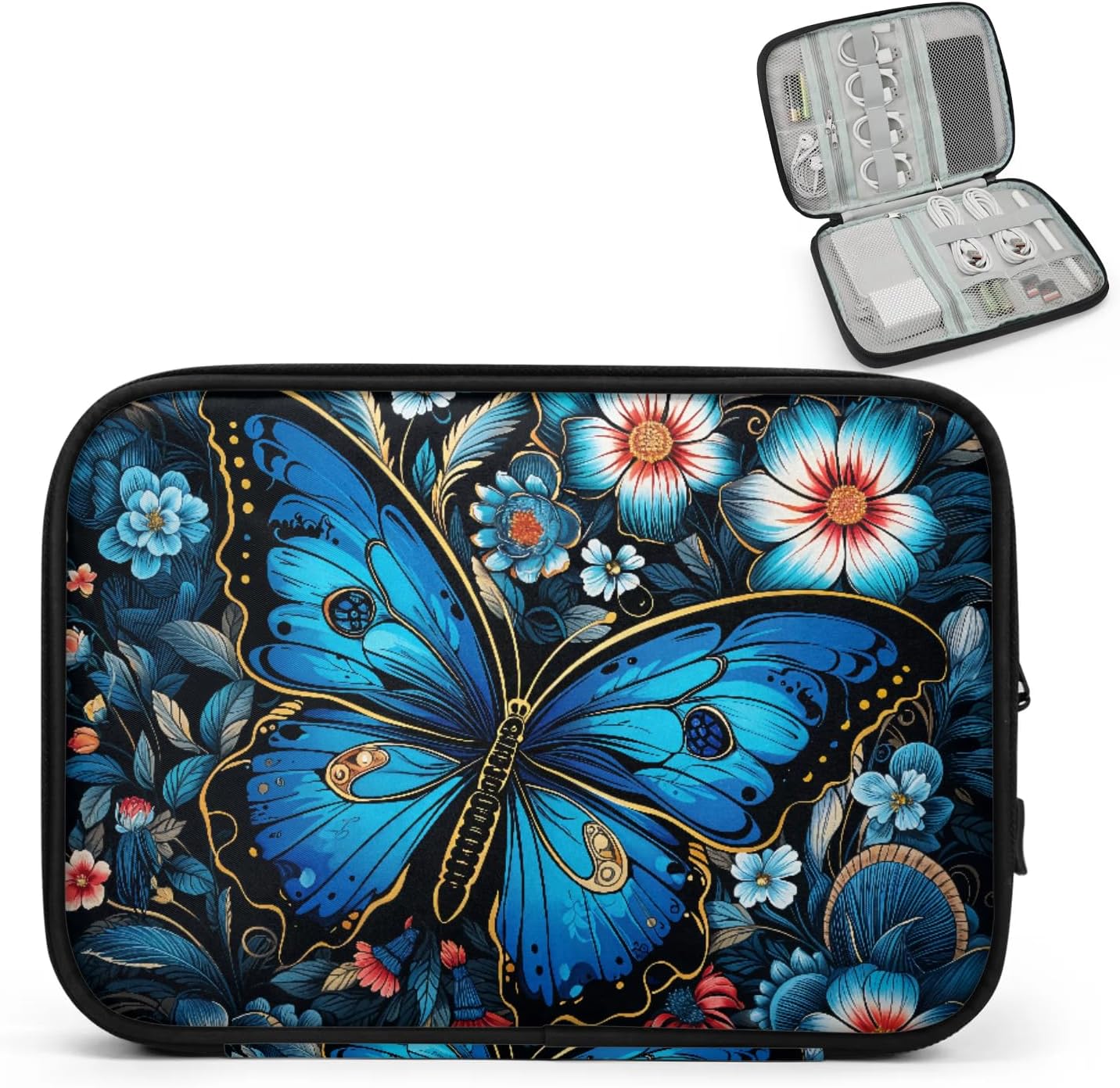 Blue Butterfly Flowers Electronics Travel Organizer Case, Tech Accessories Cable Storage Bag for Cords, Charger, Phone, Hard Drive