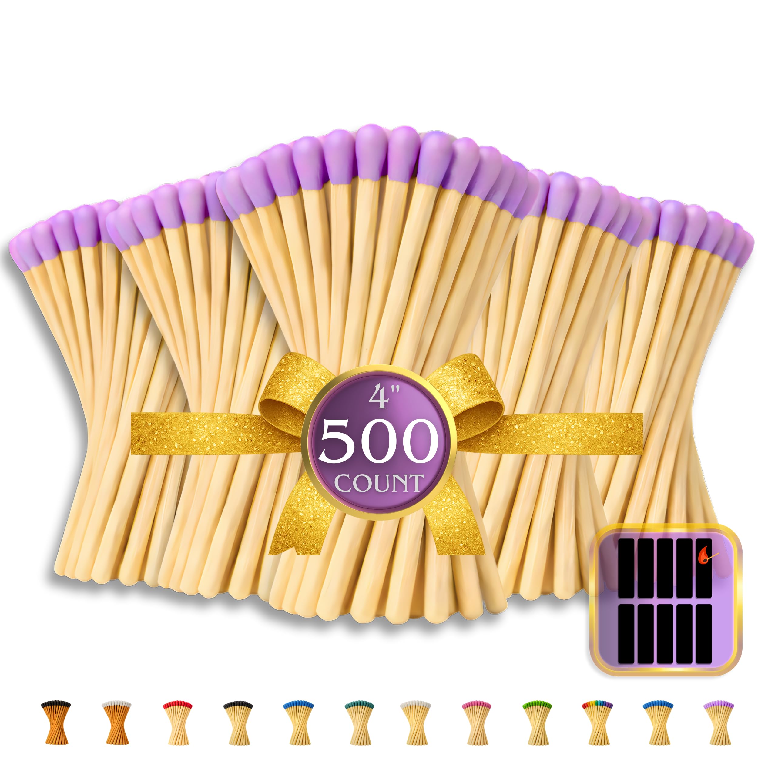 500 Count | 4" Purple Matches | Strikers Included | Color Tip Wooden Match | Refill for Matchstick Jars, Candle Display, Holders &amp; Bottles | 4 in inches Long