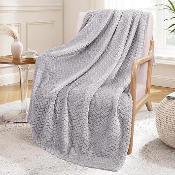 Exclusivo Mezcla Large Fleece Throw Blanket for Sofa Couch, Light Grey | 127x178 CM, Soft Breathable Fluffy Blanket for Women, Decorative Plush Sofa Throw for Living Room with Leaves Pattern