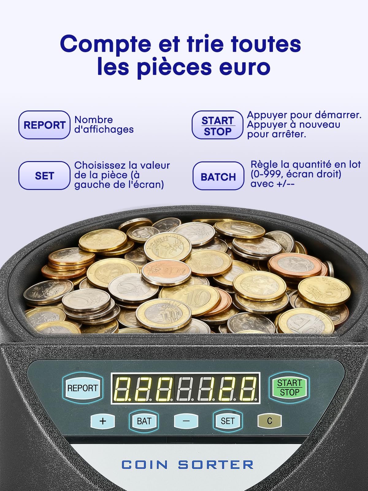 Compteuse de Pièces Euro, Trieuse Monnaie 800 Pièces, Machine à Compter avec 8 Bacs, Noir