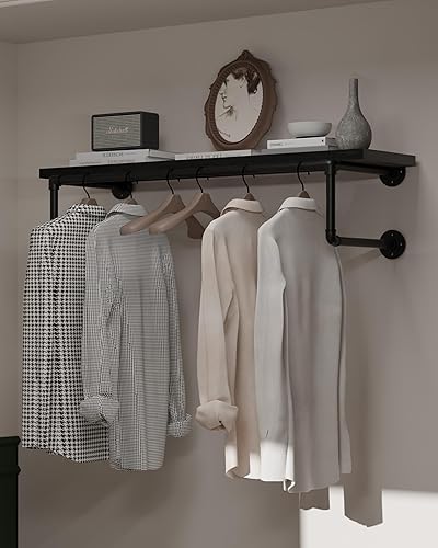 TEDIDUWA Clothes Rack 36in, Wall Mounted Garment Racks with Real Black Wood Shelf, Heavy Duty Hanging Clothes Rack, Multi-Purpose Hanging Rod, Space-Saving Closet Storage - Black - 1T36IN