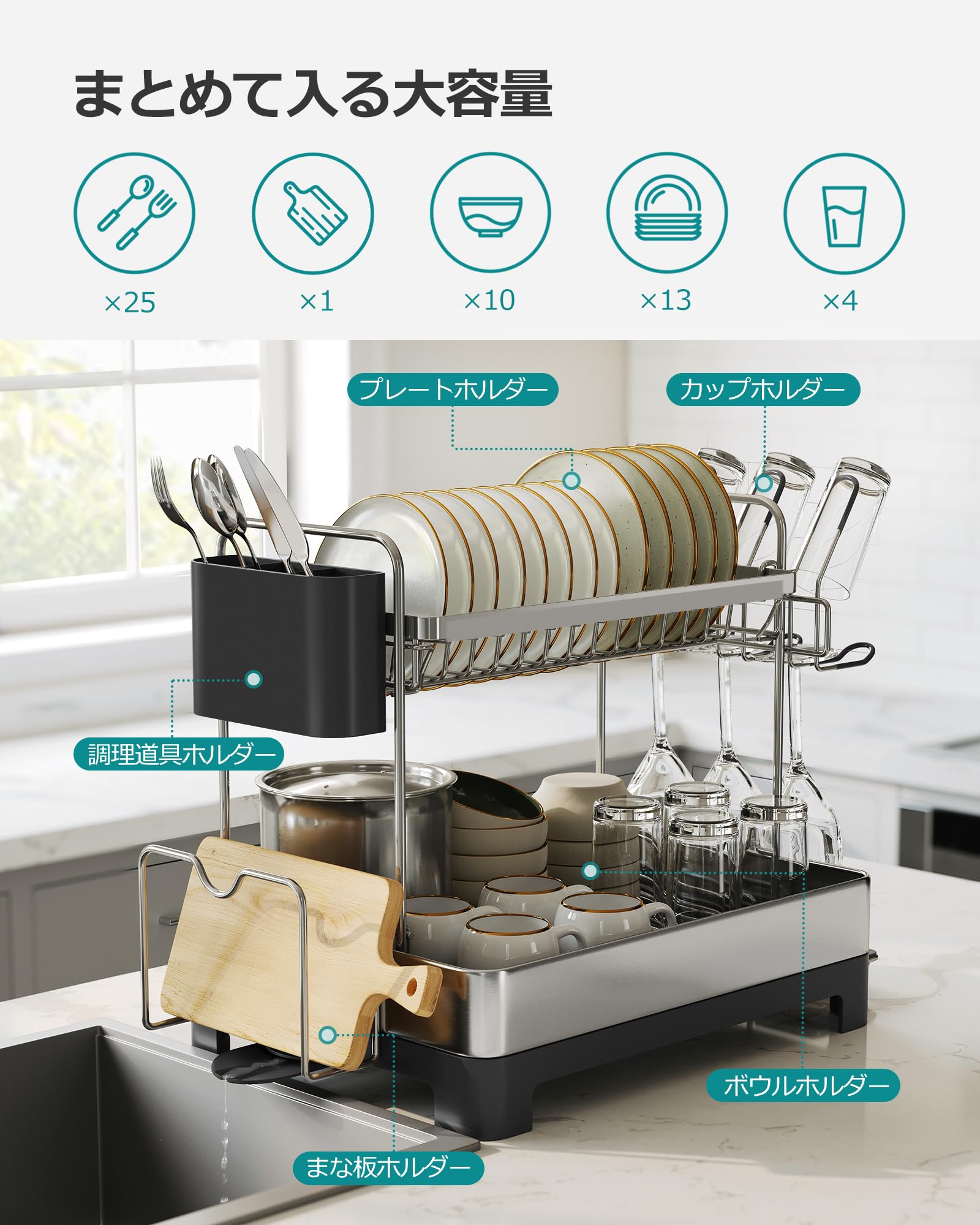 Amazon｜SONGMICS 水切りラック 2段 ステンレス 大きめ 食器水切り