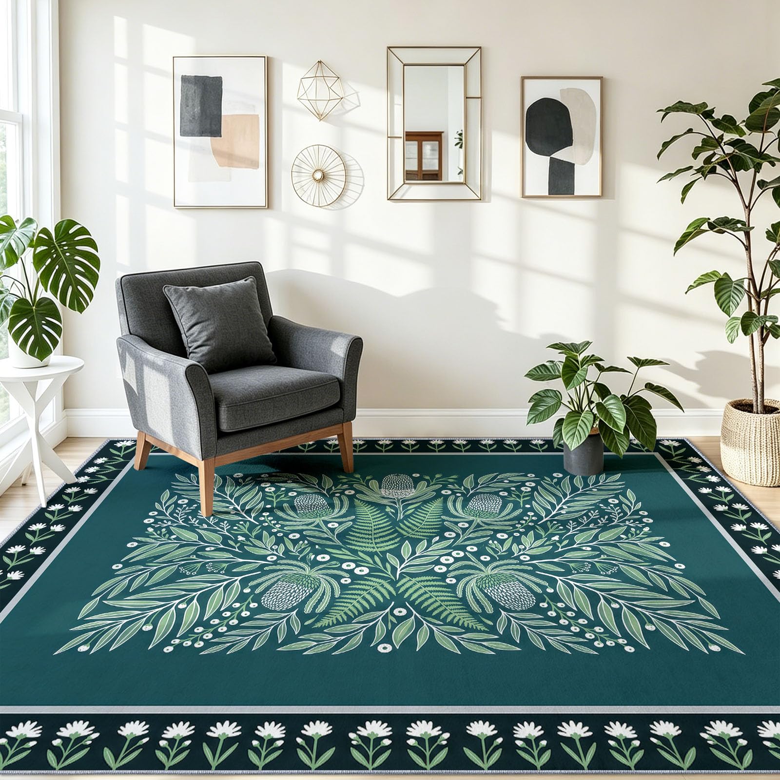 Nature Style Scandinave Tapis Salon, Fougères Feuilles Fleurs Pissenlits Imprimé Moquette Chambre Meubles Décor, Vert Foncé Résistant Aux Taches Facile À Nettoyer Support en Caou Tapis, 100 x 150 cm
