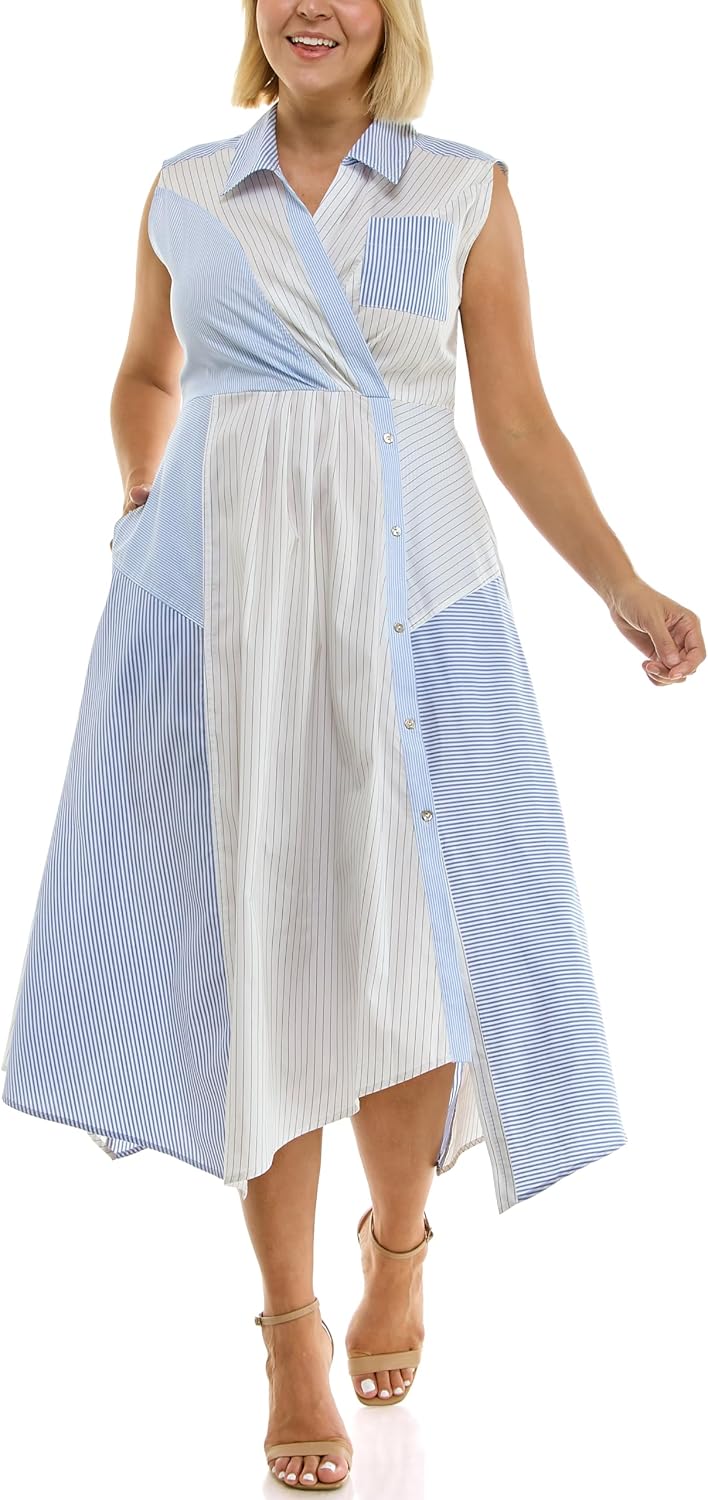 Nicole Miller New York Women's Mixed Stripe Assymetrical Sleeveless Cotton Blend Shirtdress with Pockets
