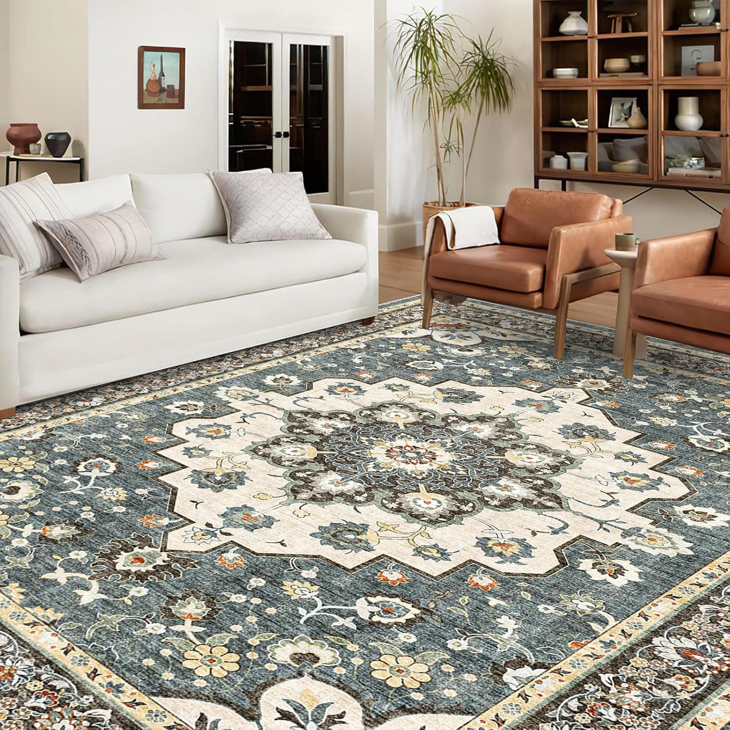 Washable Oriental Area Rug - 9x12 Rugs for Living Room Soft Carpet for Bedroom Waterproof Floral Distressed Indoor Stain Resistant Non-Shedding Floor Carpets (Blue, 9x12) 9' x 12' (Rectangular) Blue