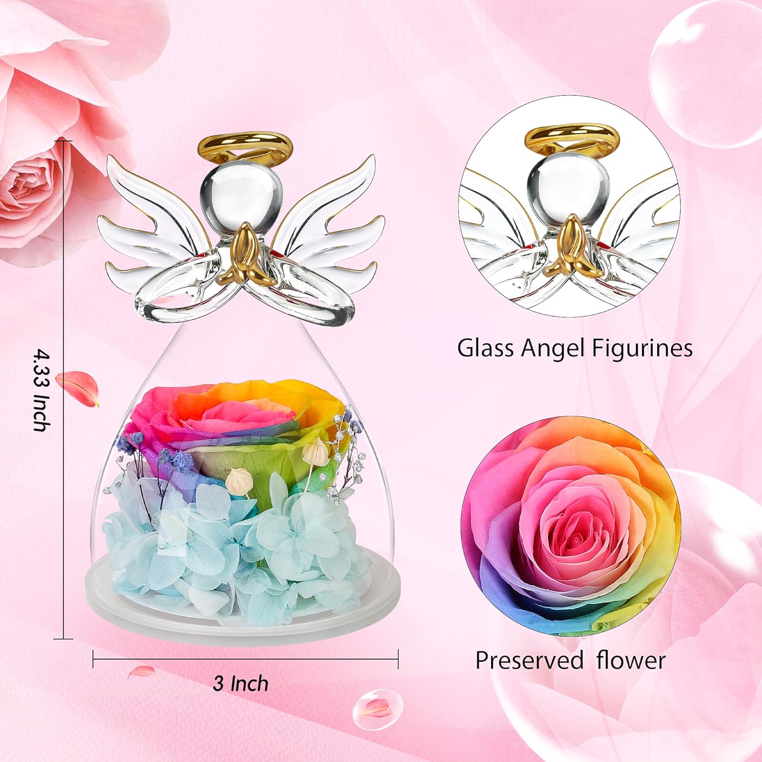 Valentines Day Rose Gifts for Her,Fresh Flowers for Delivery,Birthday Gifts for Women Mom,Preserved Flowers in Glass Angel Figurine,Angel Mothers Day Rose Gift for Mom Grandma,Rainbow Gift Valentines - Image 5