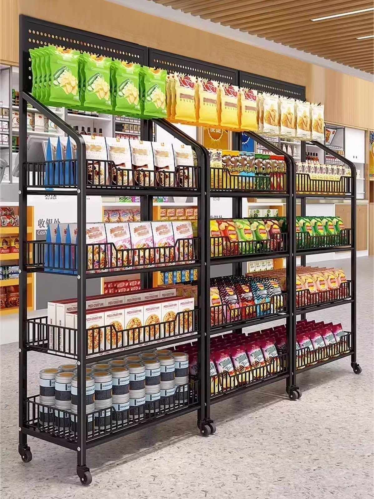 Supermarket półka na przekąski z poręczą, 4-poziomowy organizer na żetony do sklepów, biura, teatru, koncesji, przenośny stojak ekspozycyjny z uniwersalnymi kółkami