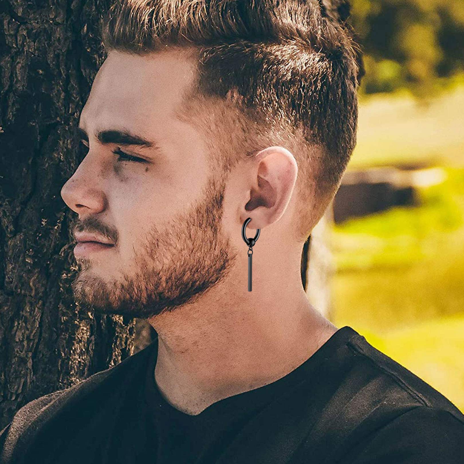 FOCALOOK Orecchini Uomo Cerchio Acciaio Inossidabile, Orecchini Acciaio Chirurgico Argento/Nero/Oro, Orecchino Uomo Piccoli Pendenti Lunghi Tondi Confezione Regalo