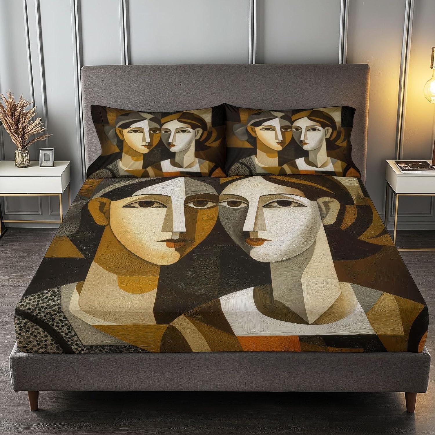 Abstract Small Double Fitted Sheet Cubist Style Bed Sheets Deep Pocket 12 inch (30 cm) Soft Cozy 3 Piece Microfibre Bed Sheet 120x190 cm with 2 Pillowcases 50x75 cm