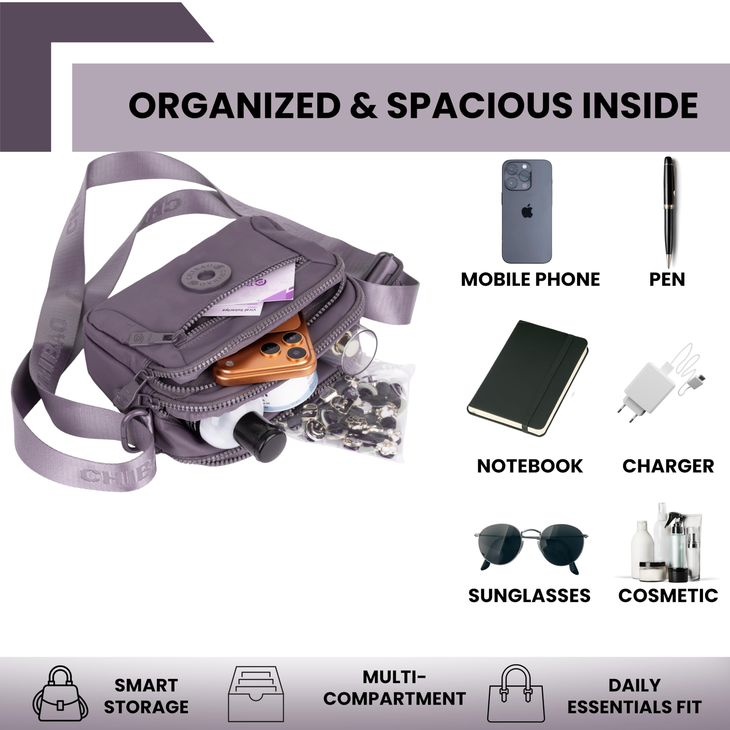 TS WITH TECHSUN Compact Crossbody Shoulder Bag for Women, Multi-Pocket Nylon Travel Handbag Messenger Purse, Adjustable Strap, Zipper Closure, Lightweight, Waterproof, Everyday Use (Elephant Grey) 3