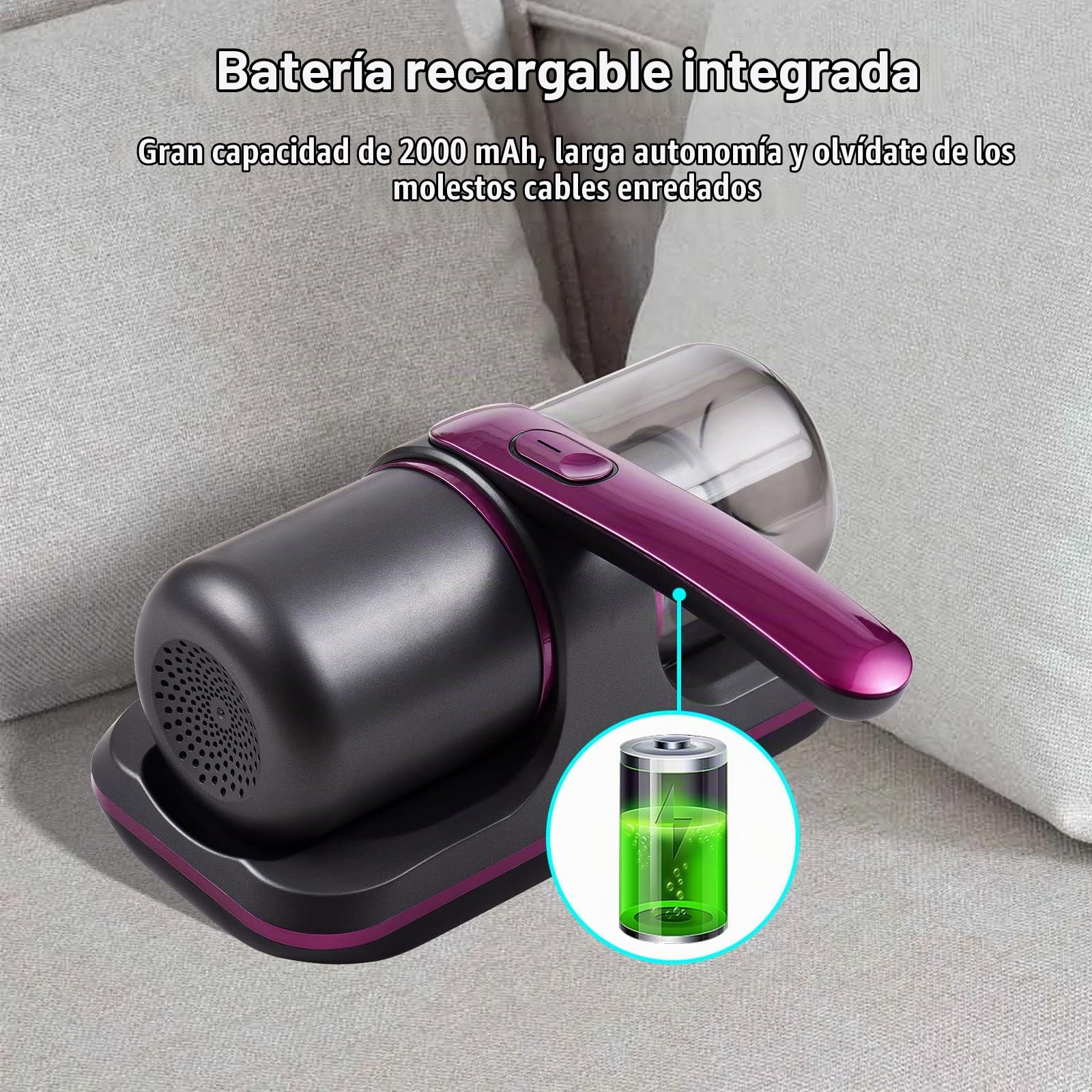 Aspirador de Mano,Colchón Compacto Aspirador de Cama UV Inalámbrico de 100 W 8000 Pa Succión Fuerte 2 Velocidades Ajustable 250 Ml Recolección de Polvo Batería Incorporada para Limpiar
