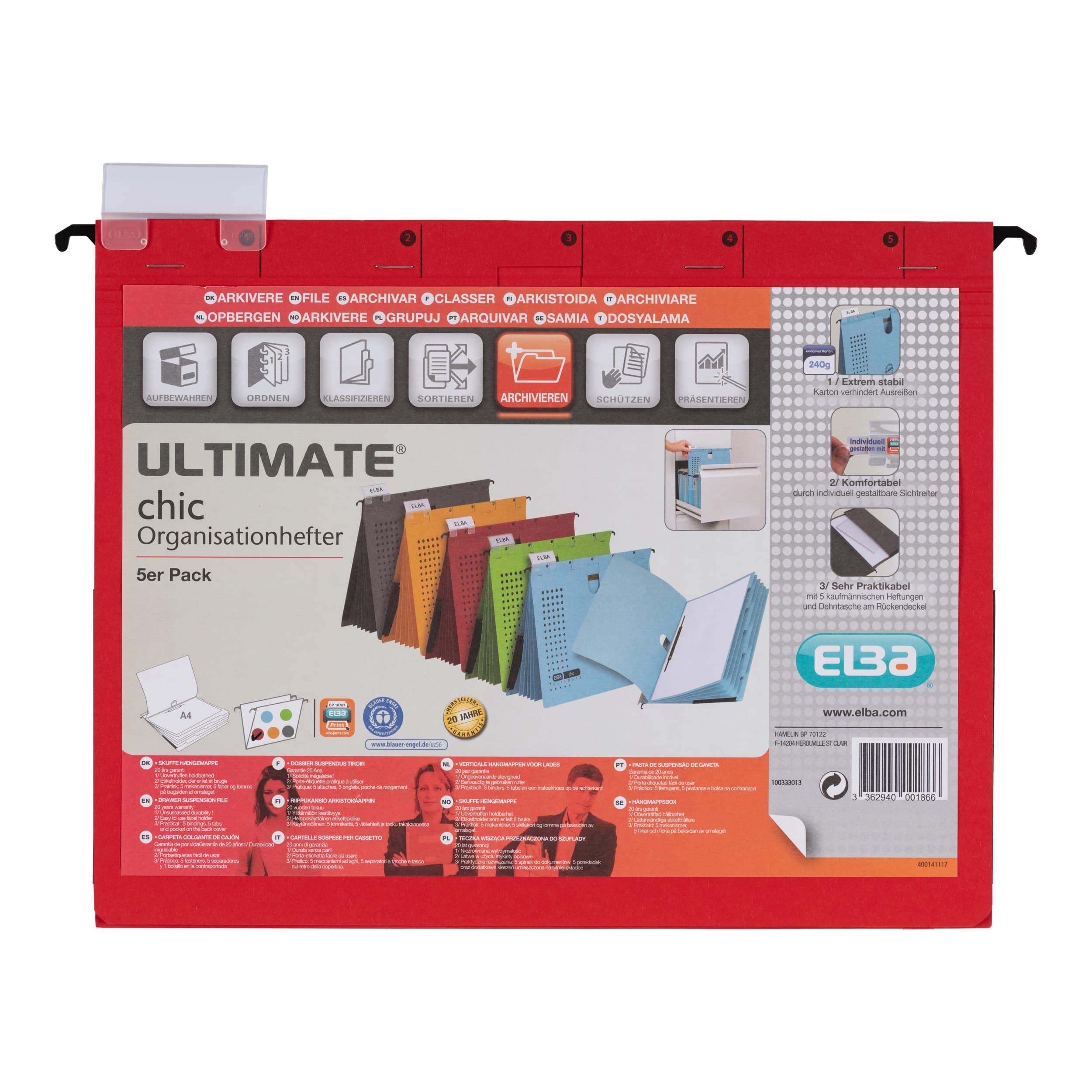 Elba chic Ultimate 100333013 Cartellina 5 fogli con 5 divisori con Tasca espandibile, confezione da 5, colore: rosso
