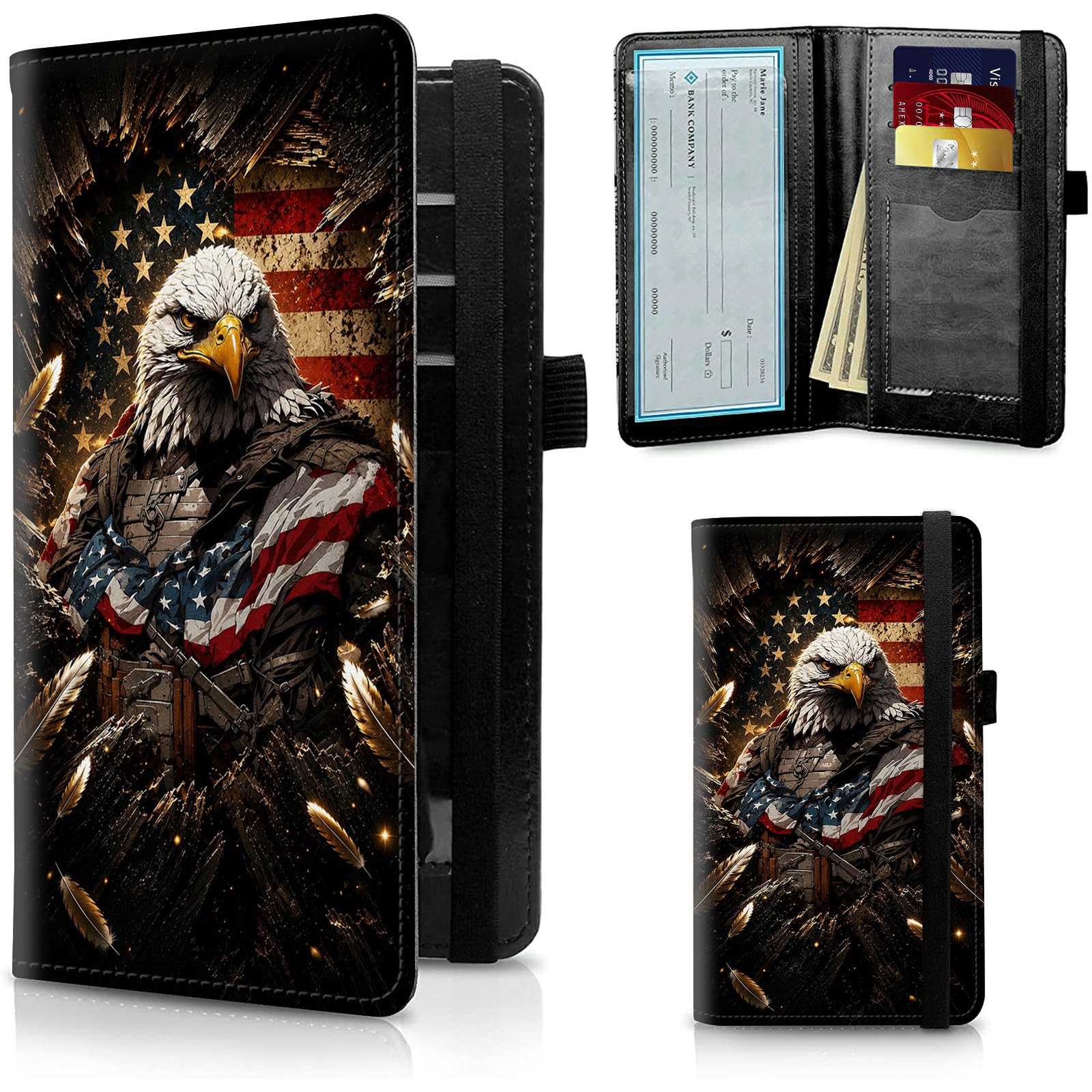 FUYOCWE Patriotic Bald Eagle USA Flag Checkbook Cover for Men &amp; Women