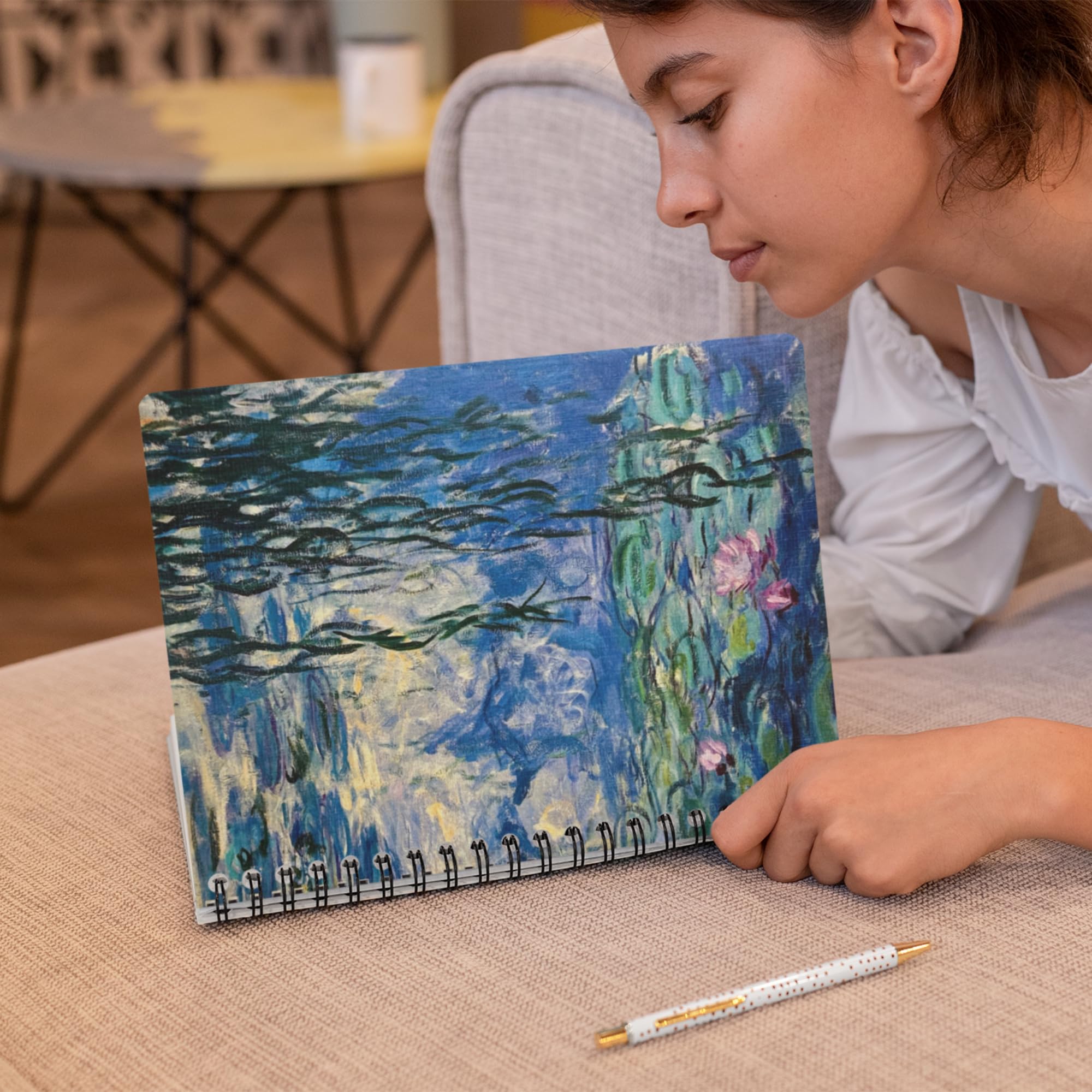 Agenda giornaliera 2025 "Ninfee" di Claude Monet, copertina in lino resistente, stampata su carta fine ecologica, organizer mensile da collezione per casa, scuola e ufficio