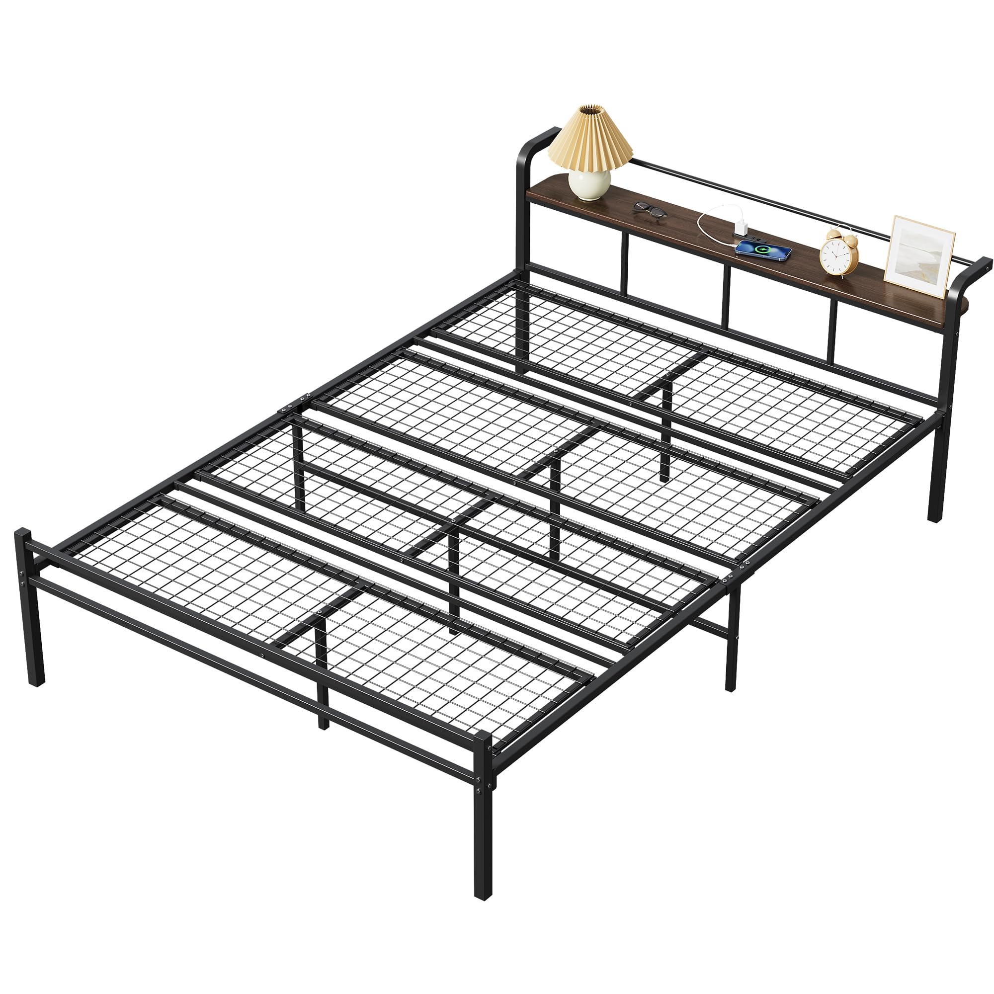 WLIVE ベッドフレーム ダブル パイプベッド コンセント付き 2口コンセント 宮棚 パイプ ダブルベッド 静音 頑丈なべっどふれーむ 棚付き 床下収納 高さ31cm 組立簡単 スチールベッドフレーム bed frame double ACHJ629BL