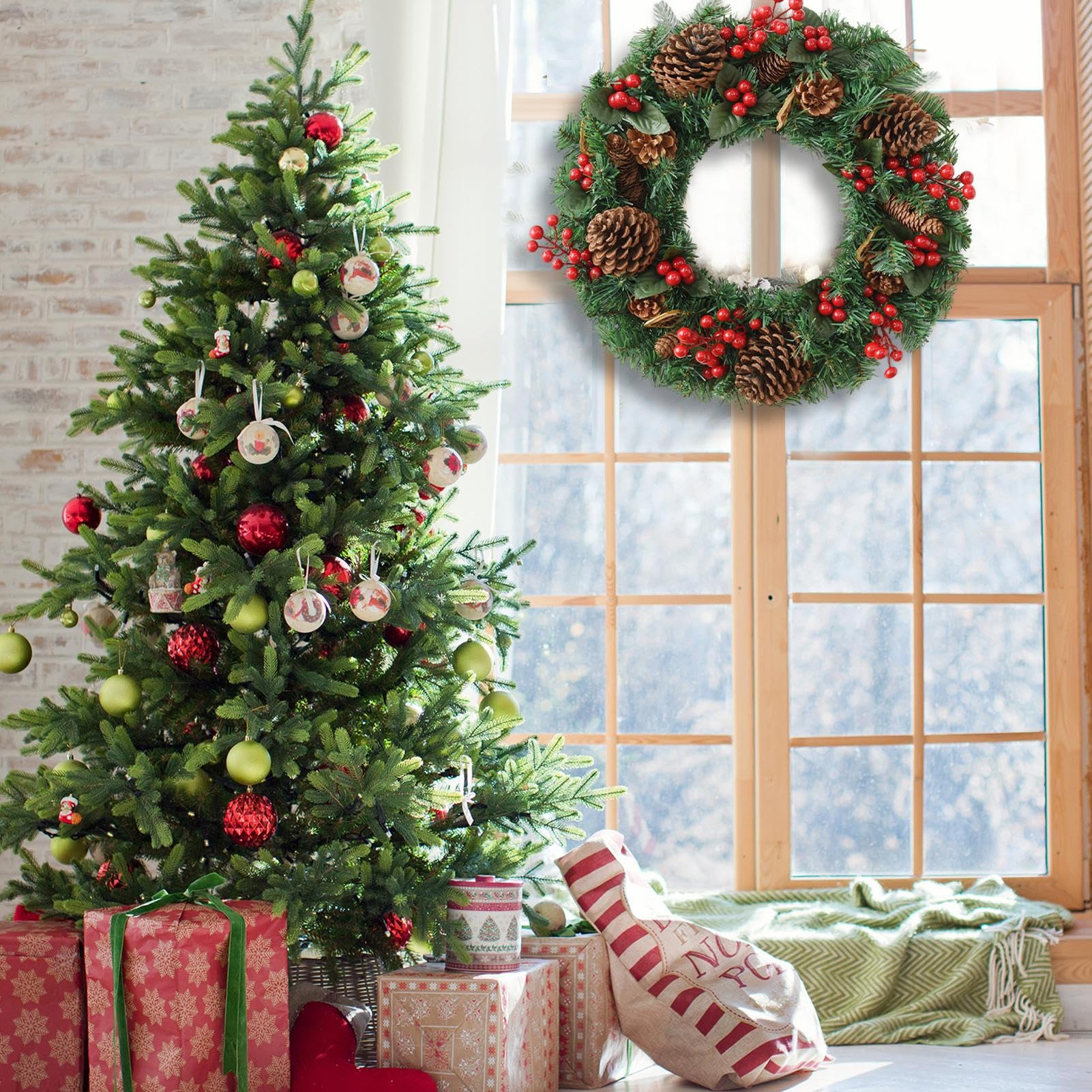 Couronnes De Noël Pour Porte D'Entrée Décor Artificiel Saisonnier | Couronne Festive avec Baies Rouges et Cônes de Pin pour Porte d'Entrée Intérieur Maison Porche Fenêtre Hiver Cheminée