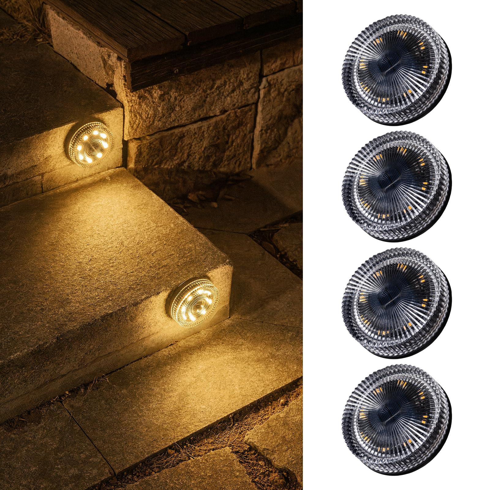 Glass Solar Deck Lights with Ray Style, Modular-Design Waterproof Outdoor Fence Lights for Stairs Step Yard Patio Garden Wall Pathway, Decorative Patio Table Lighting, Warm White (4 Pack)