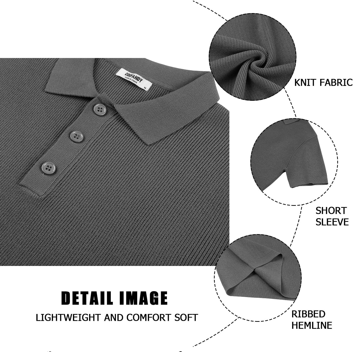 COOFANDY Men's Knit Polo Shirts Summer Button Down Shirts Crochet Classic Polo Sweaters Collared Shirts Darkgrey 3XL - Image 5