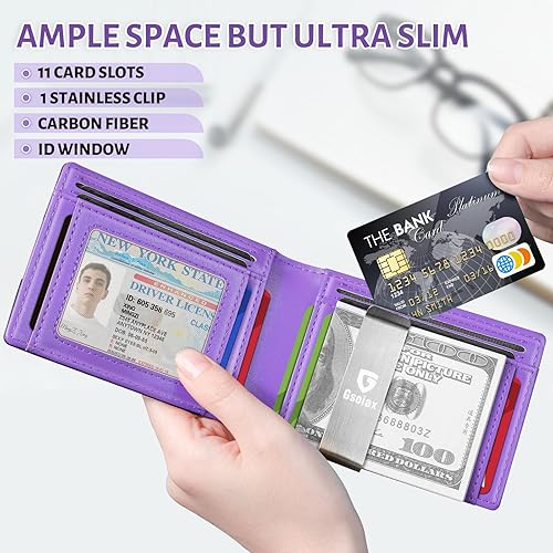 Miniatura 3 de GSOIAX Billetera delgada para hombre con clip para dinero, bloqueo RFID, minimalista, de piel auténtica, de fibra de carbono, 11 ranuras para