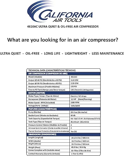 Miniatura 5 de California Air Tools 4610AC Ultra silencioso y sin aceite 1.0 Hp, 4.6 galones. Compresor de aire de doble tanque de aluminio con manguera de aire