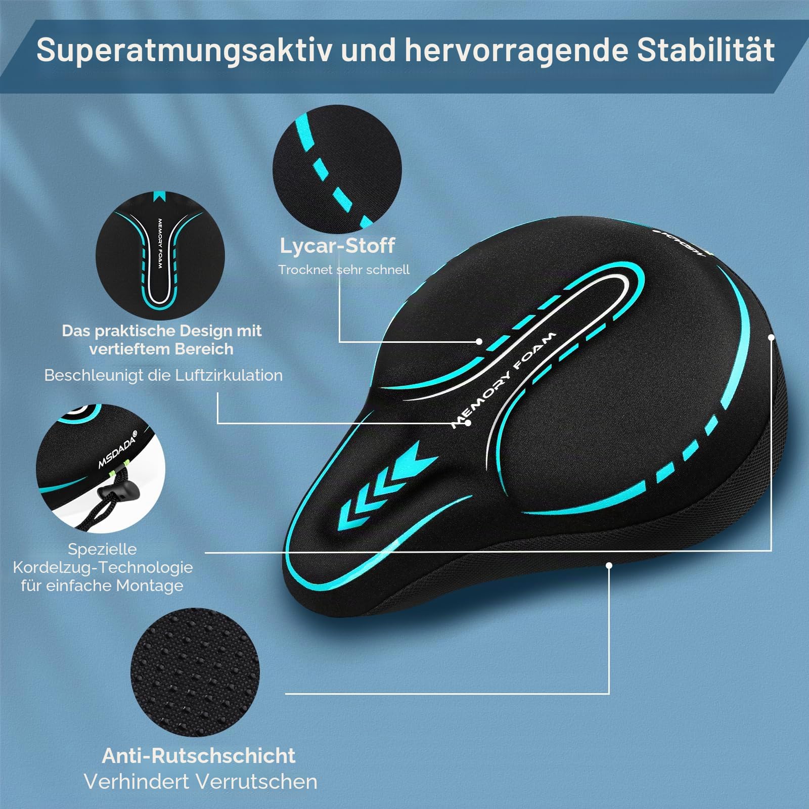 MSDADA Gel Gepolsterter Fahrradsattelbezug, Extra Weicher Schaum Breit Groß Sattelbezug für MTB, Heimtrainer Fahrrad, Peloton, Bequem Sattelpolster für Damen Herren Senioren (Schwarz/Turquoise) | Gel-Polsterung; Anti-Rutsch-Design; Atmungsaktives Lycra; U