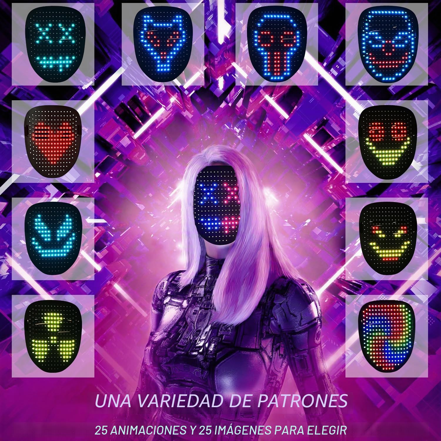 Depointer Life Máscara LED con reconocimiento de gestos, máscara de transformación facial iluminada LED para disfraz, cosplay, fiesta, mascarada