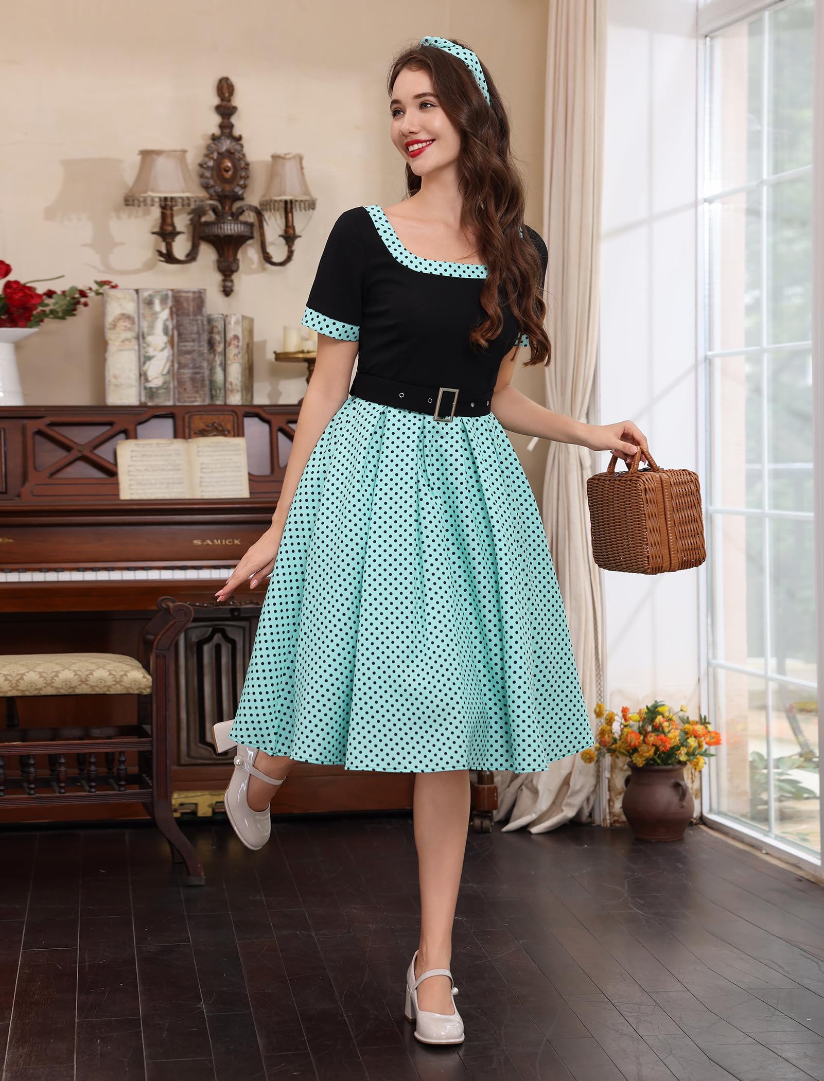 Robe midi vintage des années 1950 pour femme - Style Hepburn - À pois - Manches courtes - Ligne A - Swing Pinup - Robe midi d'été décontractée - Cocktail - Soirée - Robe formelle