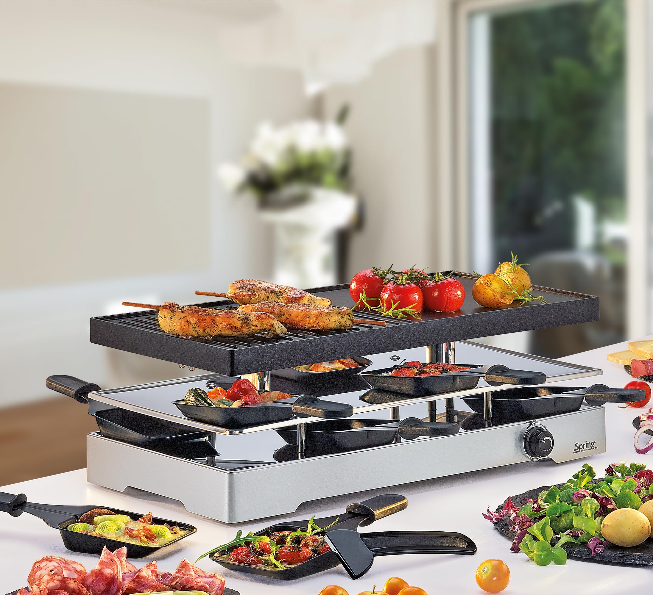Spring RACLETTE8 Classic Duo Raclette elektryczny grill stołowy dla 8 osób, nieprzywierająca płyta aluminiowa i granitowa płyta grillowa z rowkiem na sok, 8 patelni, 8 skrobaków do raclette, poziom