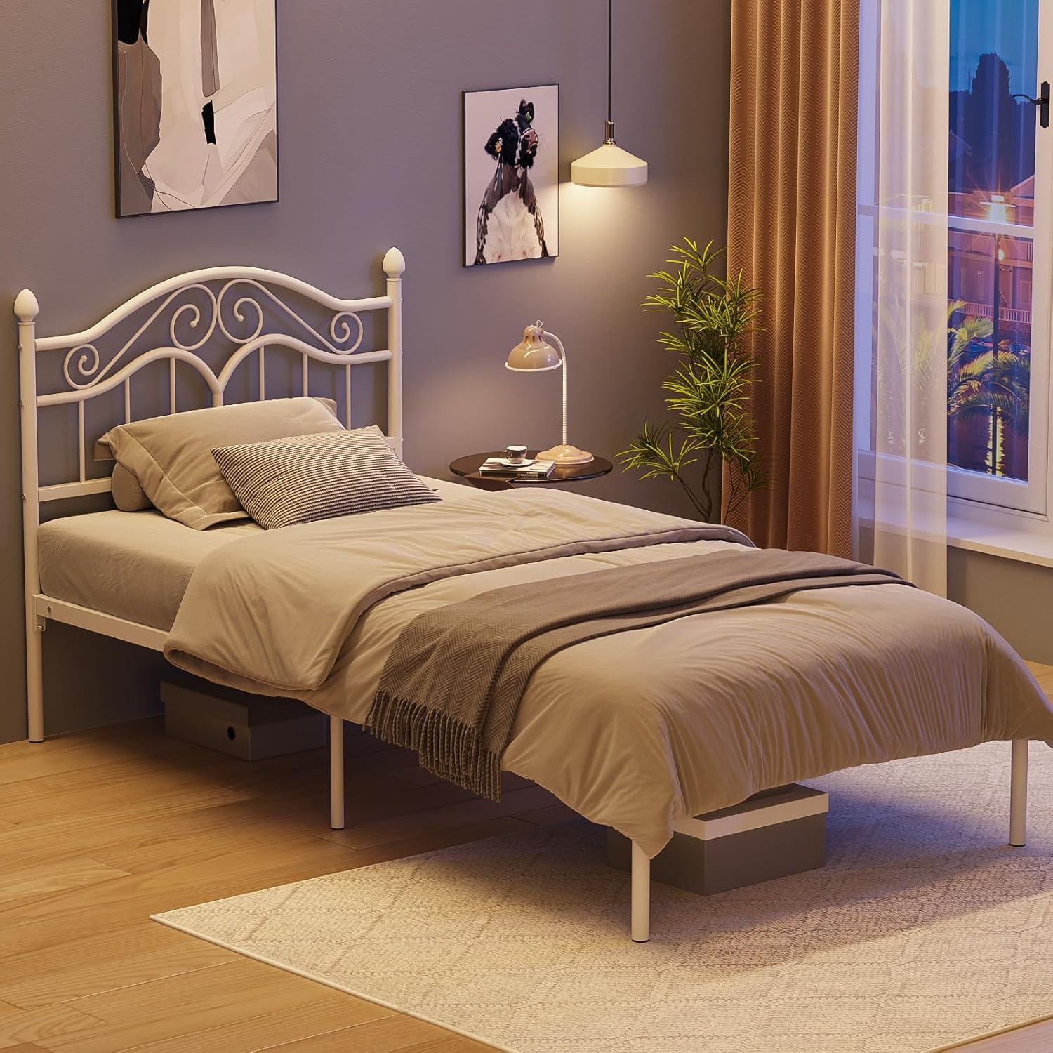 Elephance Twin Size Metal Bed Frame with Vintage Headboard, Twin Bed Frames for Kids with Storage Space, No Box Spring Needed, Easy Assembly
