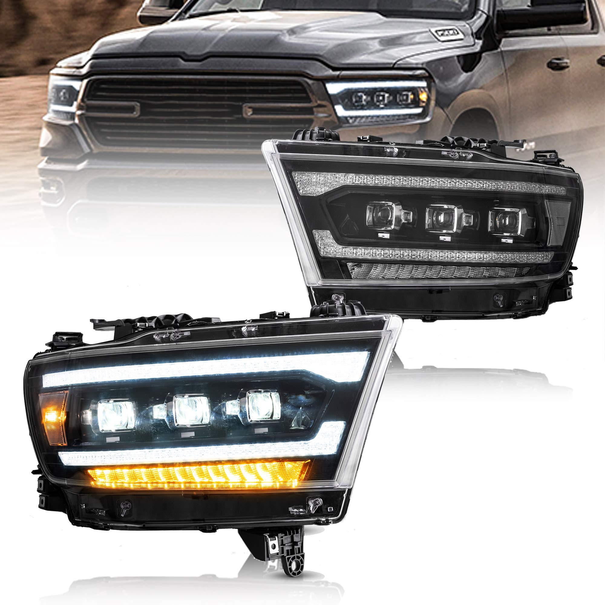 VLANDProjector Led Headlights Compatible with 2019-2024 Dodge Ram 1500 Tradesman, Bighorn, Laramie, Rebel, Lone Star (NOT FIT Classic, Limited, Longhorn, TRX) w/Switchback Clear Reflector