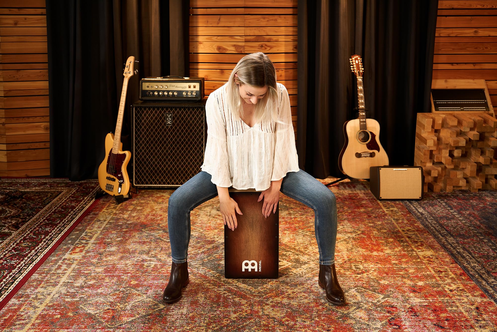 Meinl Percussion Woodcraft Cajon Instrument - Grande Drum Box con Suono Snare e Suono Basso Profondo - Superficie di Suono Espresso Burst (WC100EB)