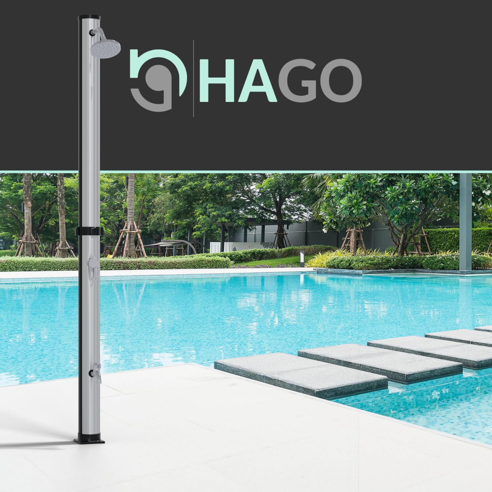 HAGO Douche solaire ronde 20 l - Noir/argenté - Douche de piscine - Douche de camping - Douche de jardin - Douche pieds d'extérieur - Universel - Sans courant