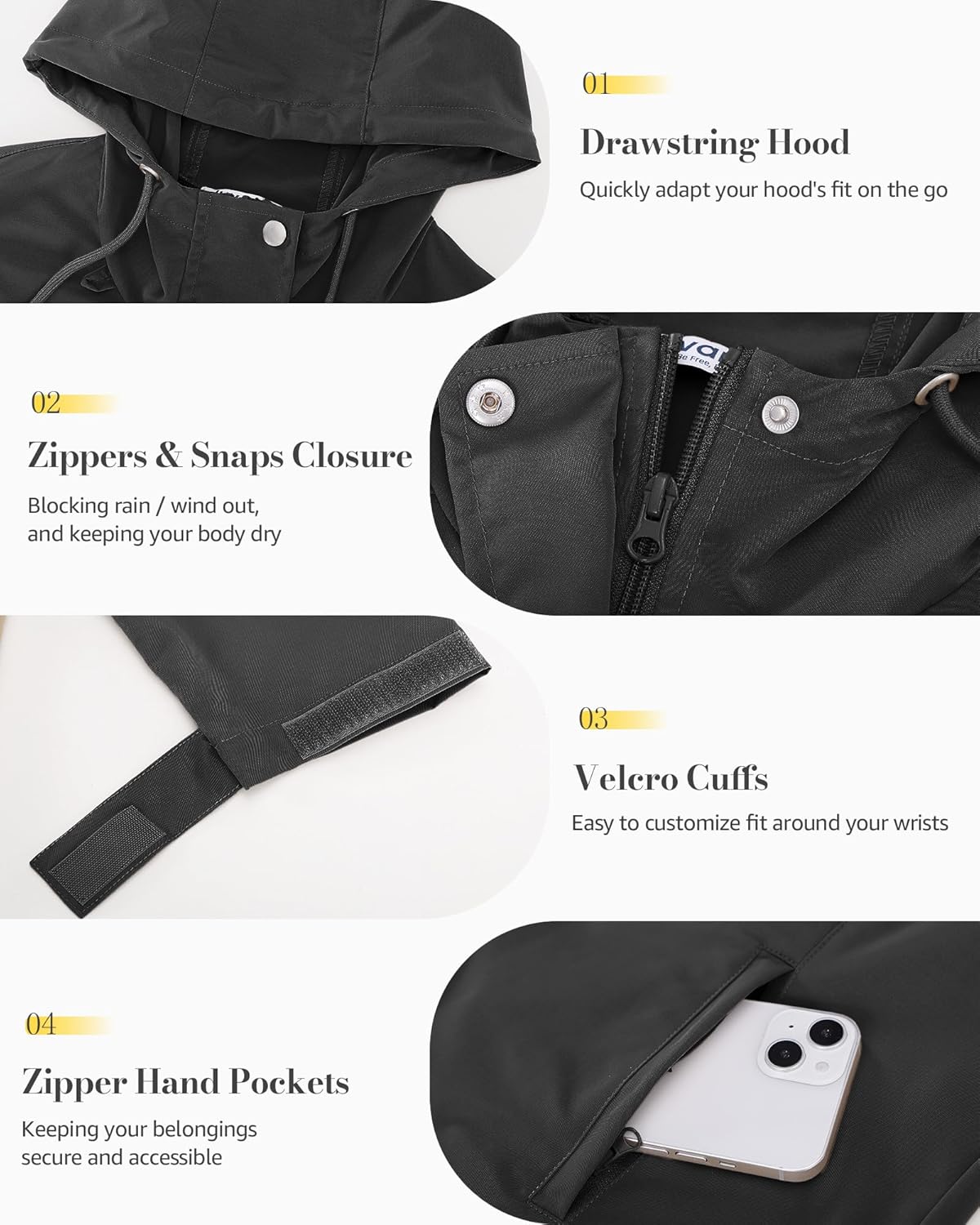 luvamia Rain Jacket Women Waterproof Lightweight Drawstring Zip Rain Coats Hiking Outdoor Travel Windbreaker with Hood