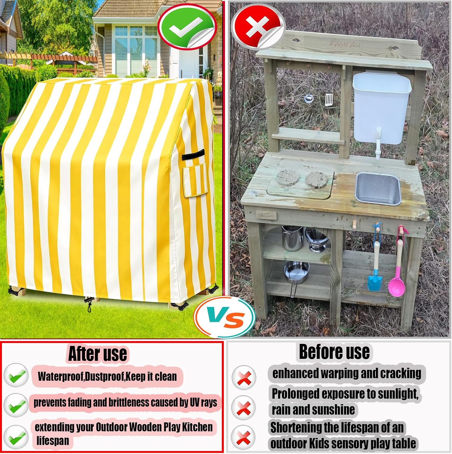 Mud Kitchen Cover for Kids Outdoor,32"L x 18"W x 37.8"H,Yellow image 5