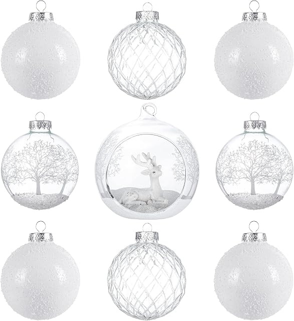 KI Store White and Clear Glass Christmas Ornaments Set of 9 Large Christmas Tree Decorations 100mm 80mm for Christmas Tree Table Centerpieces
