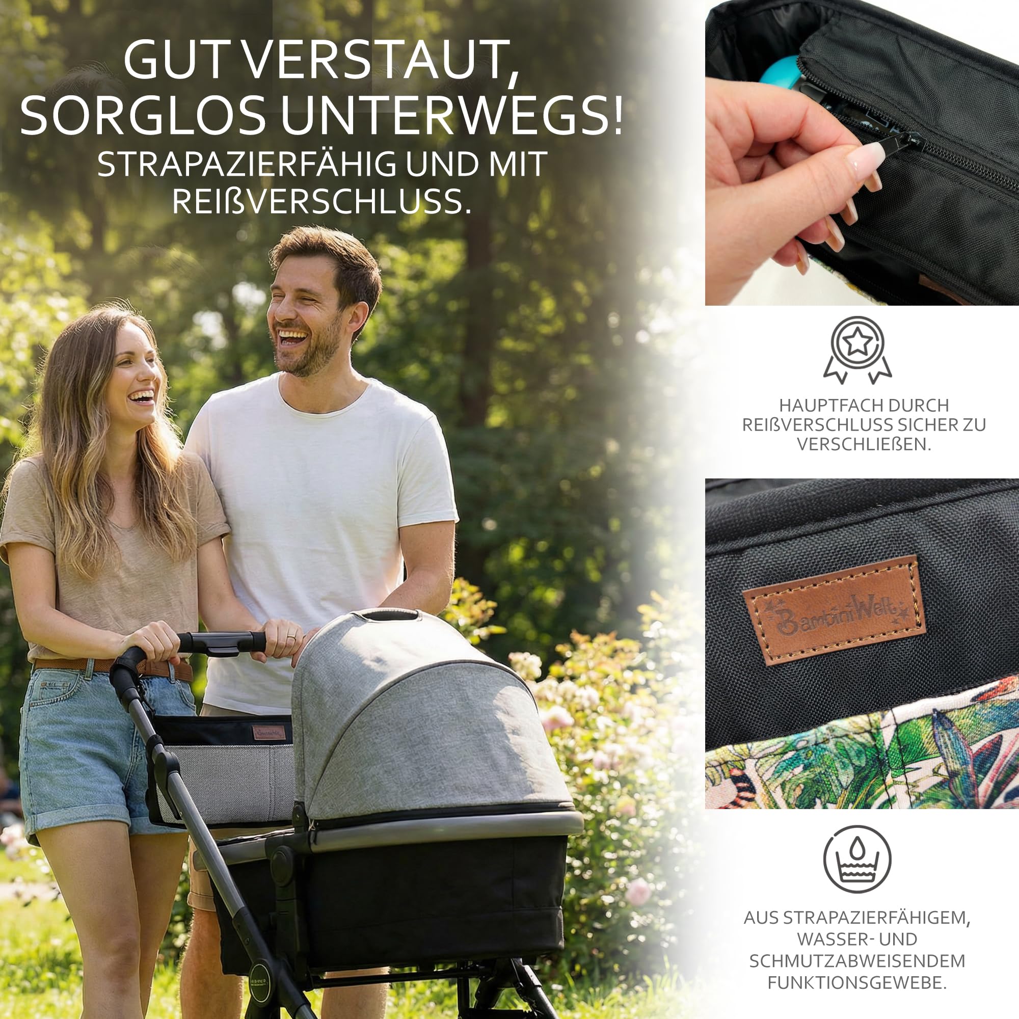 BambiniWelt Kinderwagen Organizer – Wickeltasche mit Getränkehalter & Reißverschluss, kompakte Buggy Tasche aus wasserabweisendem Mikrofaserstoff, leicht, stylisch & praktisch, Muster: Modell 8