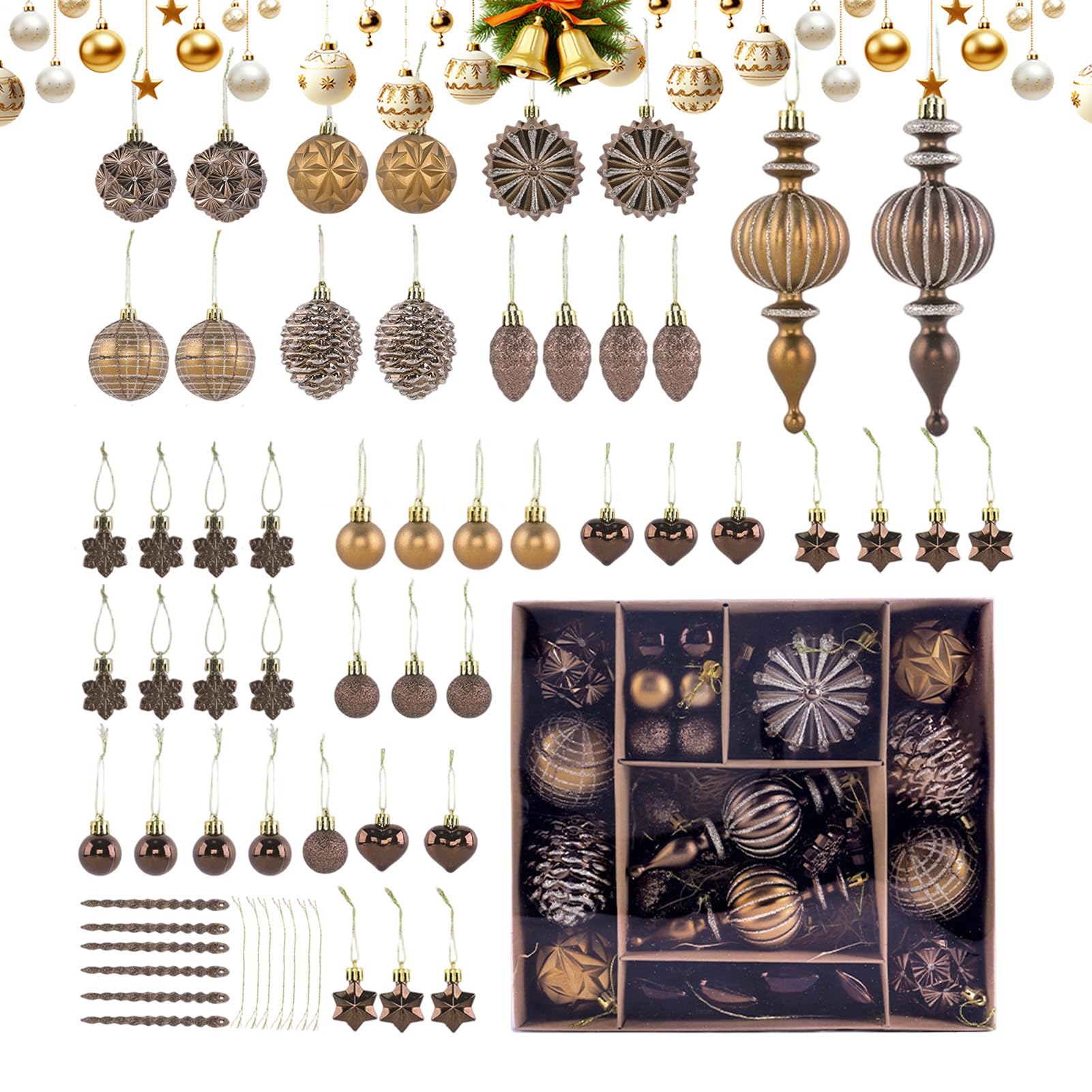 Boules de Noël cuivre doré (lot de 53) incassables pour décoration de sapin et maison
