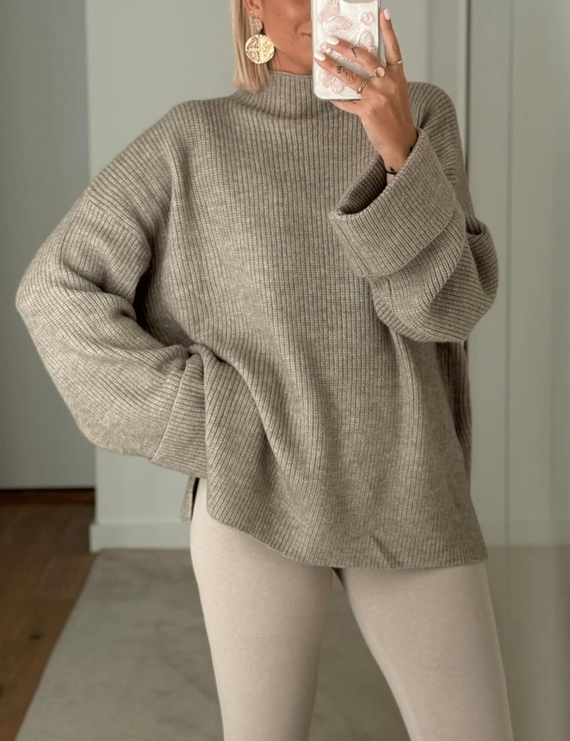 Oversized Womens Knit Sweater Cozy Ribbed Turtleneck Pullover with Side Slits - Image 2
