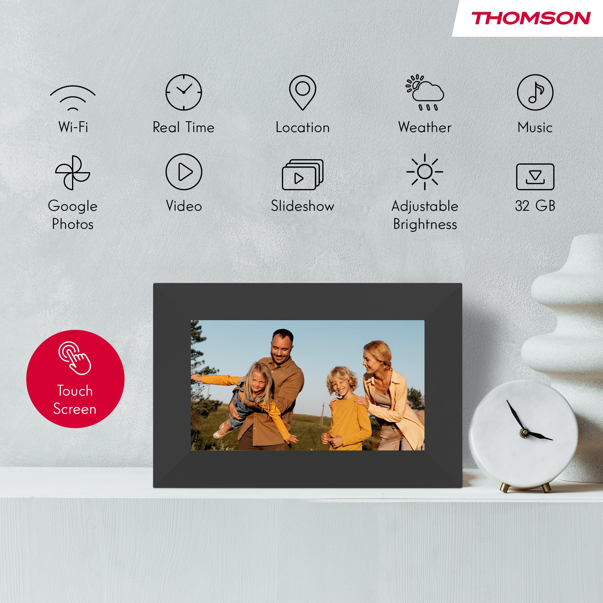 Thomson Digitaler Bilderrahmen 7 Zoll, IPS-Bildschirm, HD-Touchscreen, WLAN, Direktes Teilen über iOS/Android App, Smart-Funktionen, Elektronischer Fotorahmen mit 32 GB Speicher, Automatische Drehung