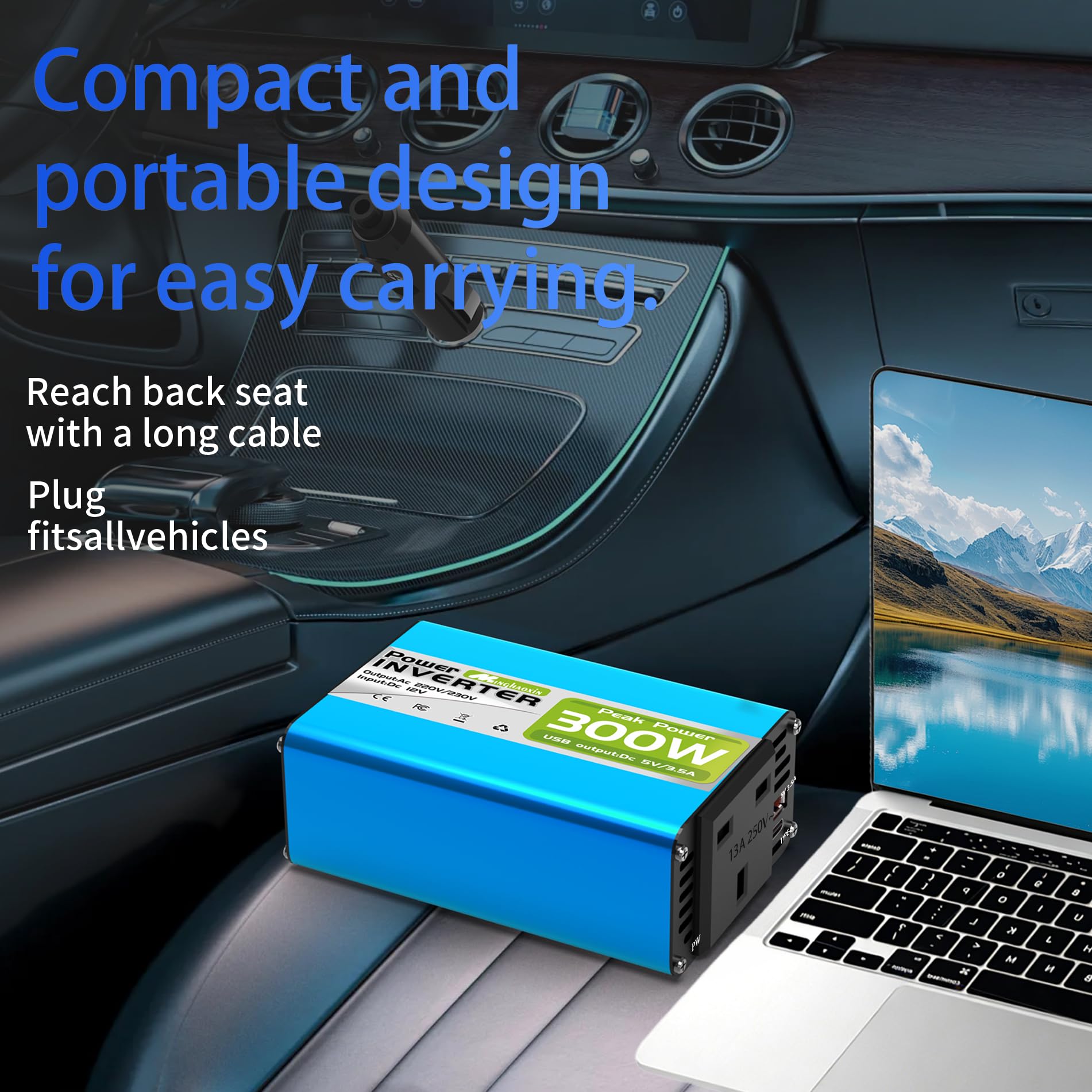300W Car Power Inverter 12V to 230V/240V Converter, Car Charger Lighter Adapter USB-A and USB-C 3A Charging Ports - Blue Aluminum Body — view 7