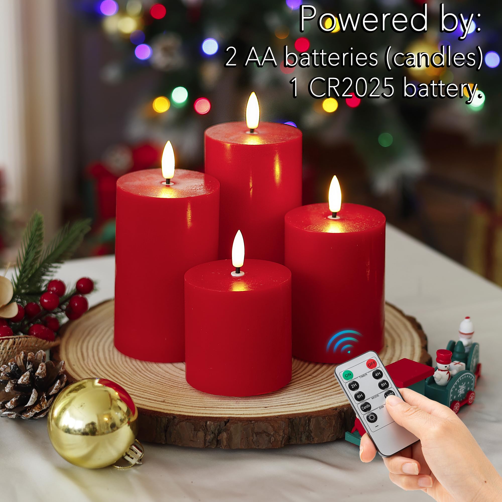 JOIONE Candele rosse senza fiamma con telecomando, set di 4 candele a LED in vera cera, funzionamento a batteria, perfette per finestre di Natale, cene romantiche e decorazioni natalizie