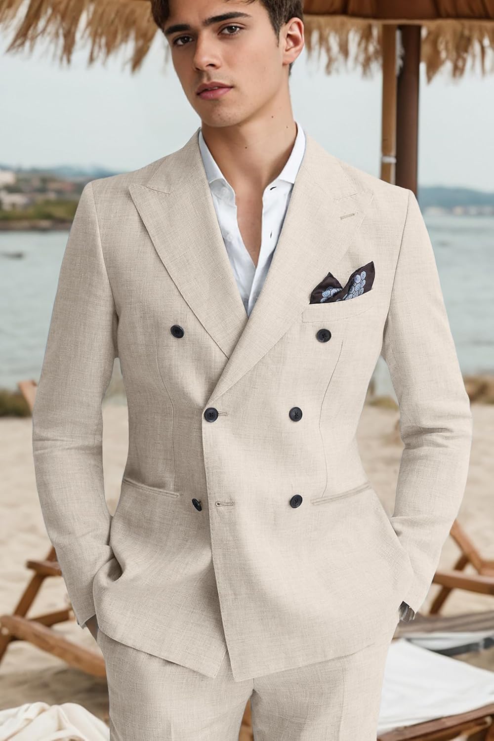 Mens Suit Linen 2 Piece Suits for Men Peak Lapel Slim Fit Suit Set Double Breasted Tuxedo for Wedding Prom - Image 6