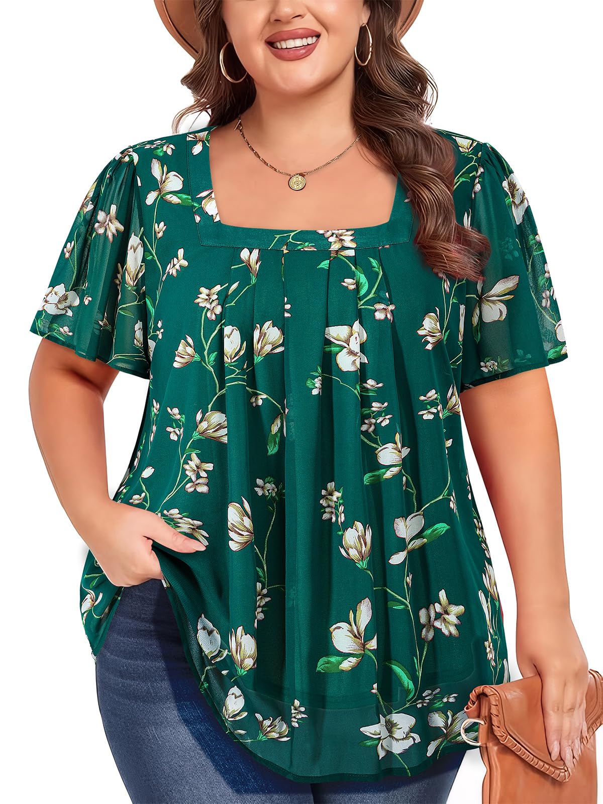 Plus Size Chiffon Tops for Women Short Sleeve Square Neck Summer Dressy Blouses Loose Tunic